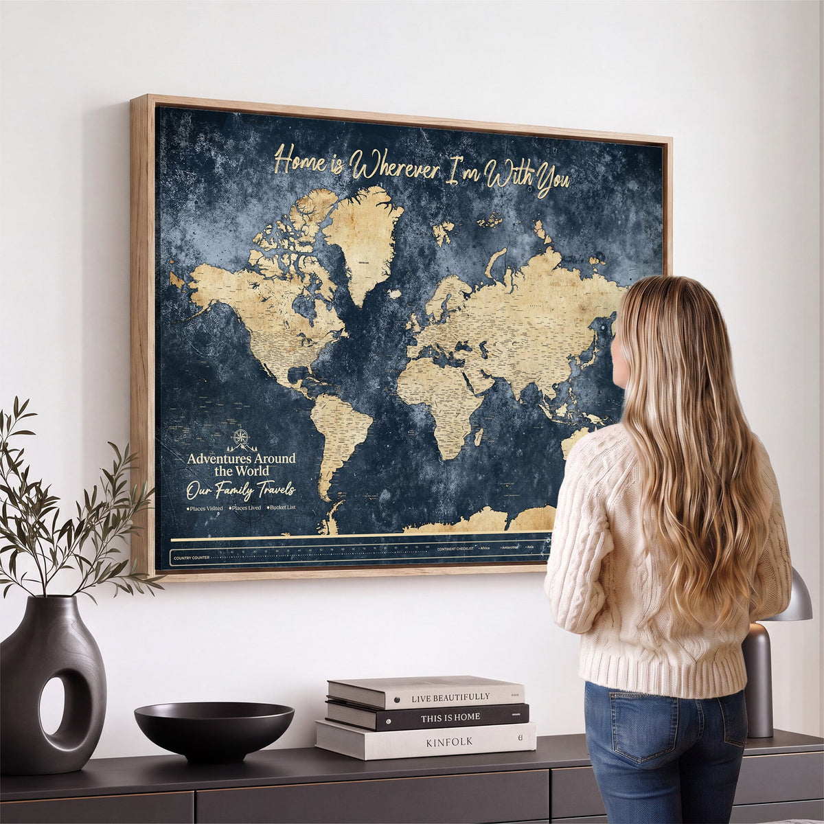 98668848-MGV-CV-36X24 - Our Family Adventures Push Pin World Map Wall Art Canvas Print - Family Travel Tracker Map with Pins