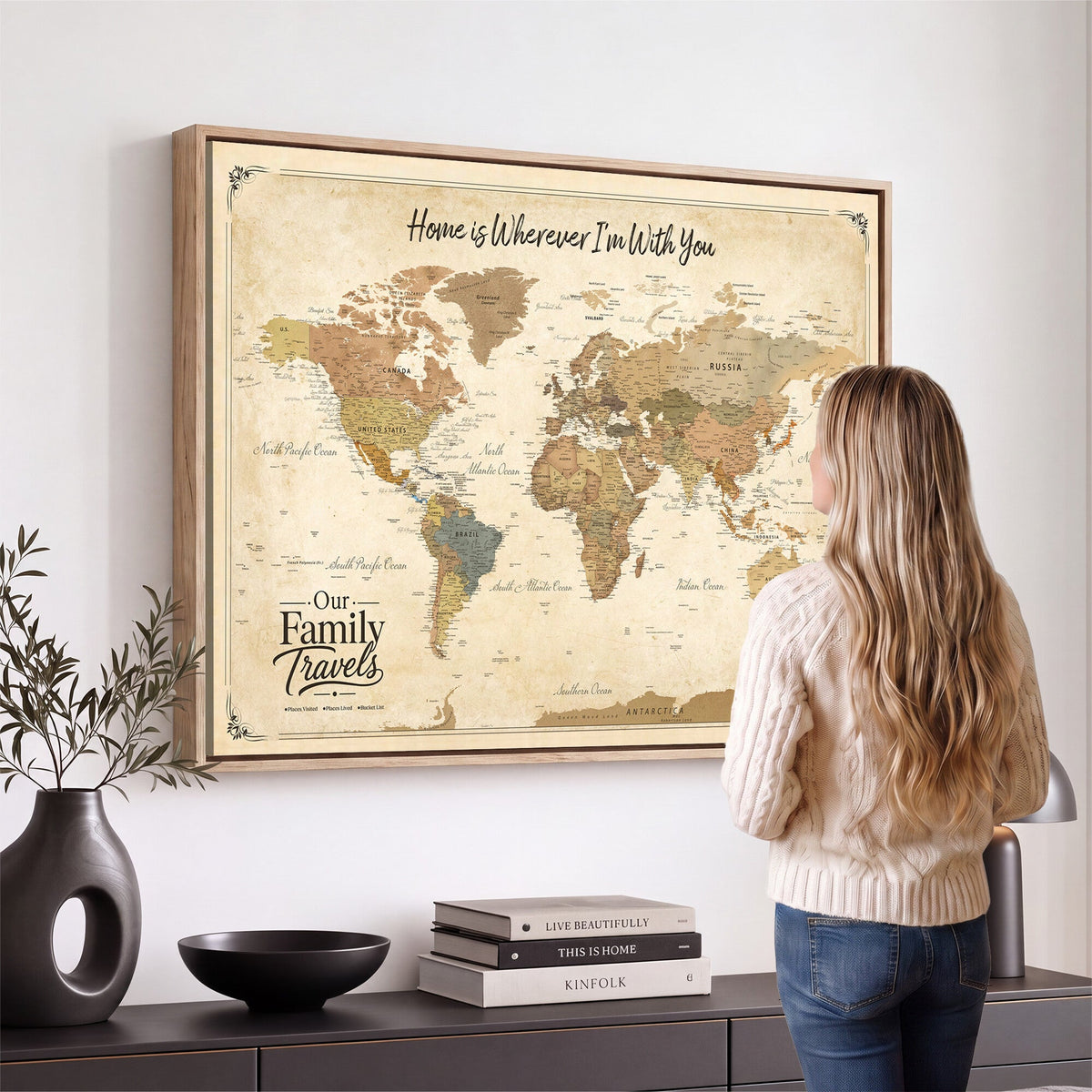 94272126-MGV-CV-36X24 - Our Family Adventures Push Pin World Map Wall Art Canvas Print - Family Travel Tracker Map with Pins
