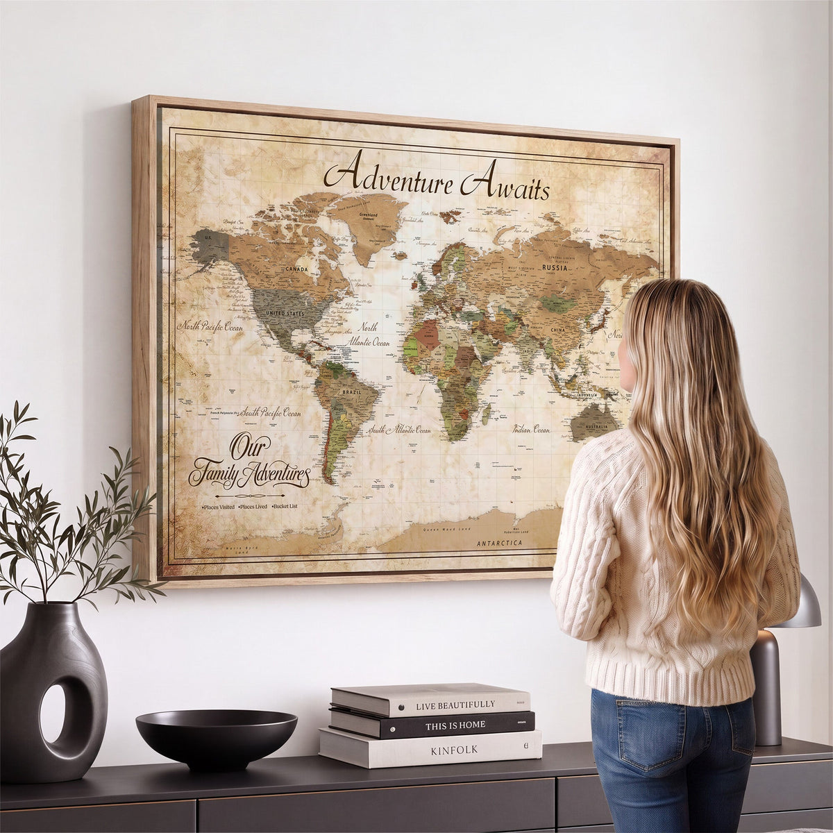 95783582-MGV-CV-36X24 - Our Family Adventures Push Pin World Map Wall Art Canvas Print - Family Travel Tracker Map with Pins