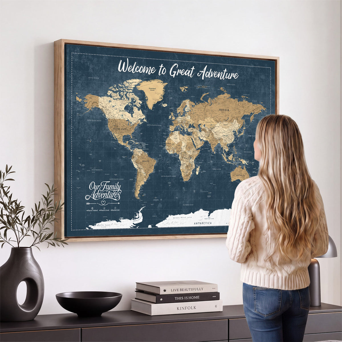 86877844-MGV-CV-36X24 - Our Family Adventures Push Pin World Map Wall Art Canvas Print - Family Travel Tracker Map with Pins