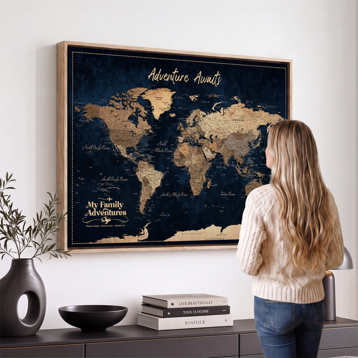 82827666-MGV-CV-36X24 - Our Family Adventures Push Pin World Map Wall Art Canvas Print - Family Travel Tracker Map with Pins