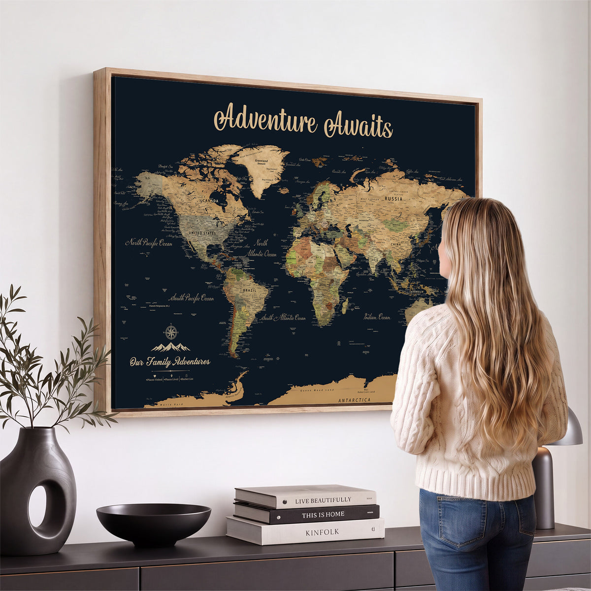 88994085-MGV-CV-36X24 - Our Family Adventures Push Pin World Map Wall Art Canvas Print - Family Travel Tracker Map with Pins