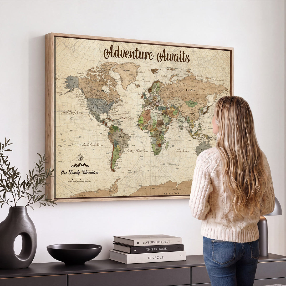 12264959-MGV-CV-36X24 - Our Family Adventures Push Pin World Map Wall Art Canvas Print - Family Travel Tracker Map with Pins