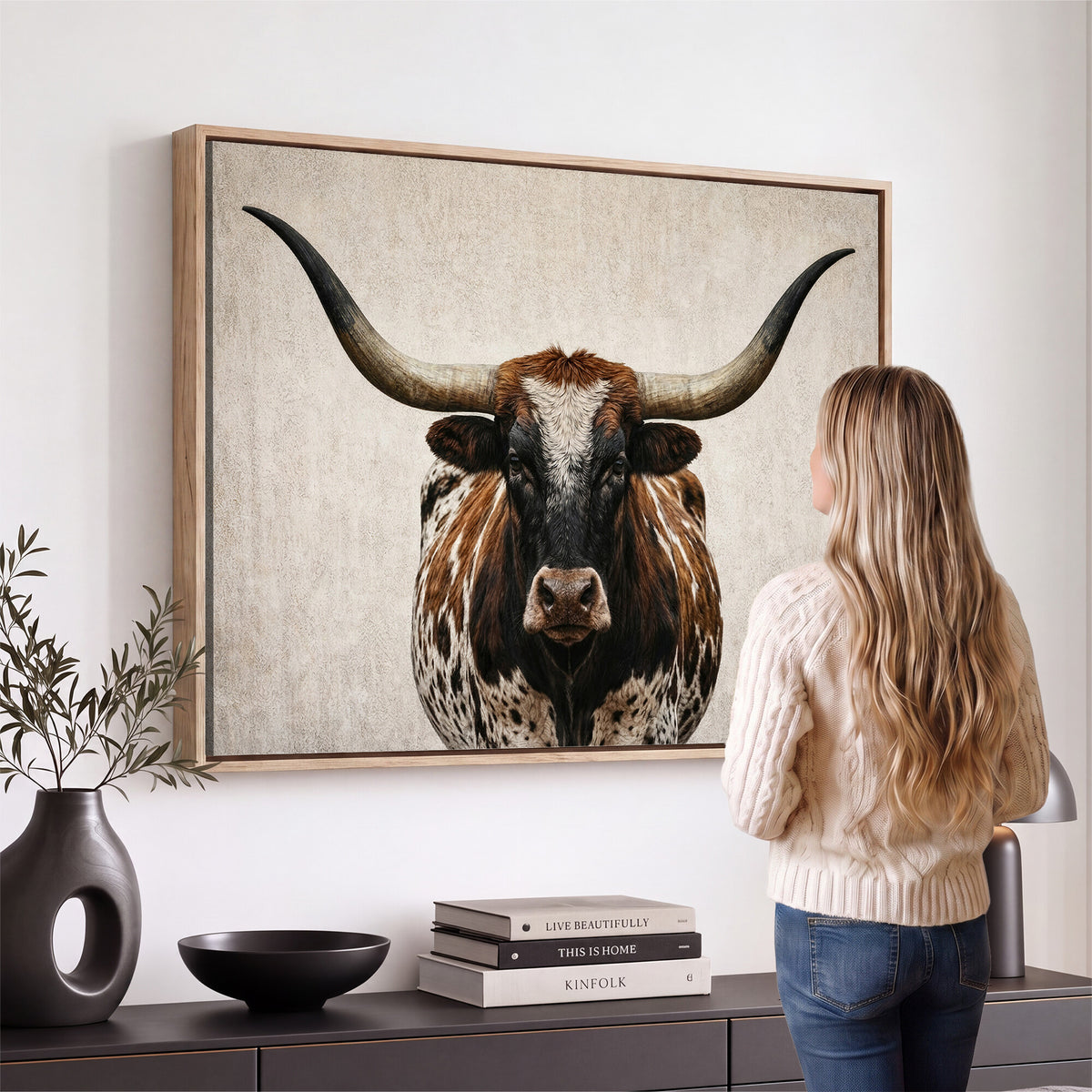 58622065-MGV-CV-36X24 - Texas Longhorn Canvas Wall Art Western Bull Desert Moody Grey Overcast Rustic Farmhouse Framed Large for Living Room Bedroom Office Decor
