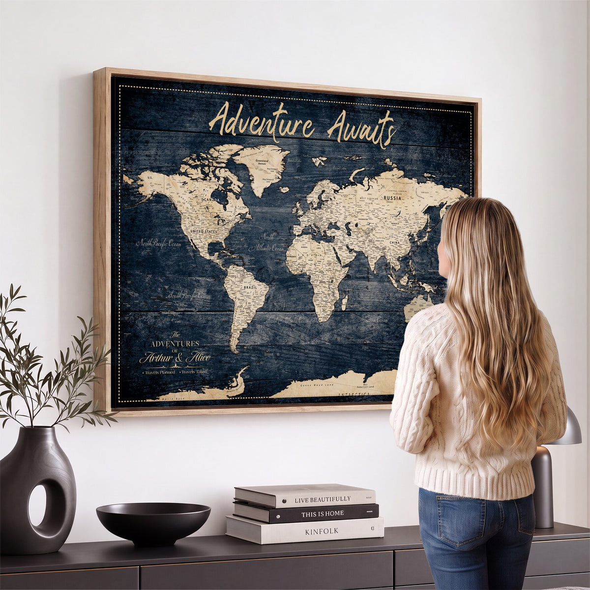 68817382-MGV-CV-36X24 - Extra Large Vintage Personalized Push Pin World Map Wall Art Canvas Print