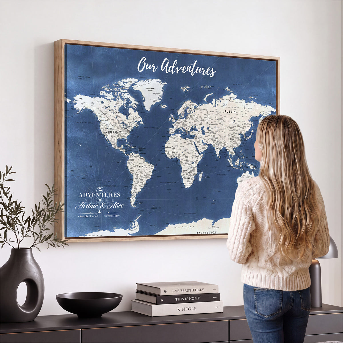 75405527-MGV-CV-36X24 - Extra Large Framed Personalize Push Pin World Map Wall Art Canvas Print for Travel Tracking