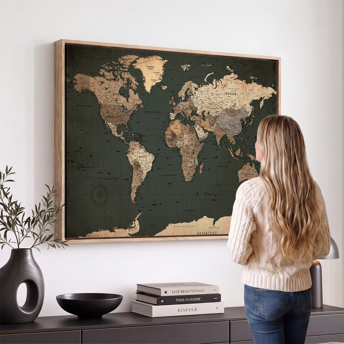 42327656-MGV-CV-36X24 - Extra Large Framed Personalize Push Pin World Map Wall Art Canvas Print for Travel Tracking