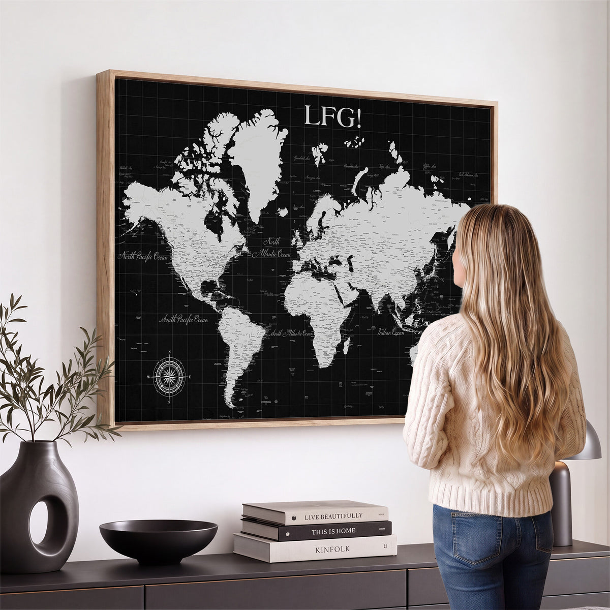 68209291-MGV-CV-36X24 - Extra Large Framed Personalize Push Pin World Map Wall Art Canvas Print for Travel Tracking
