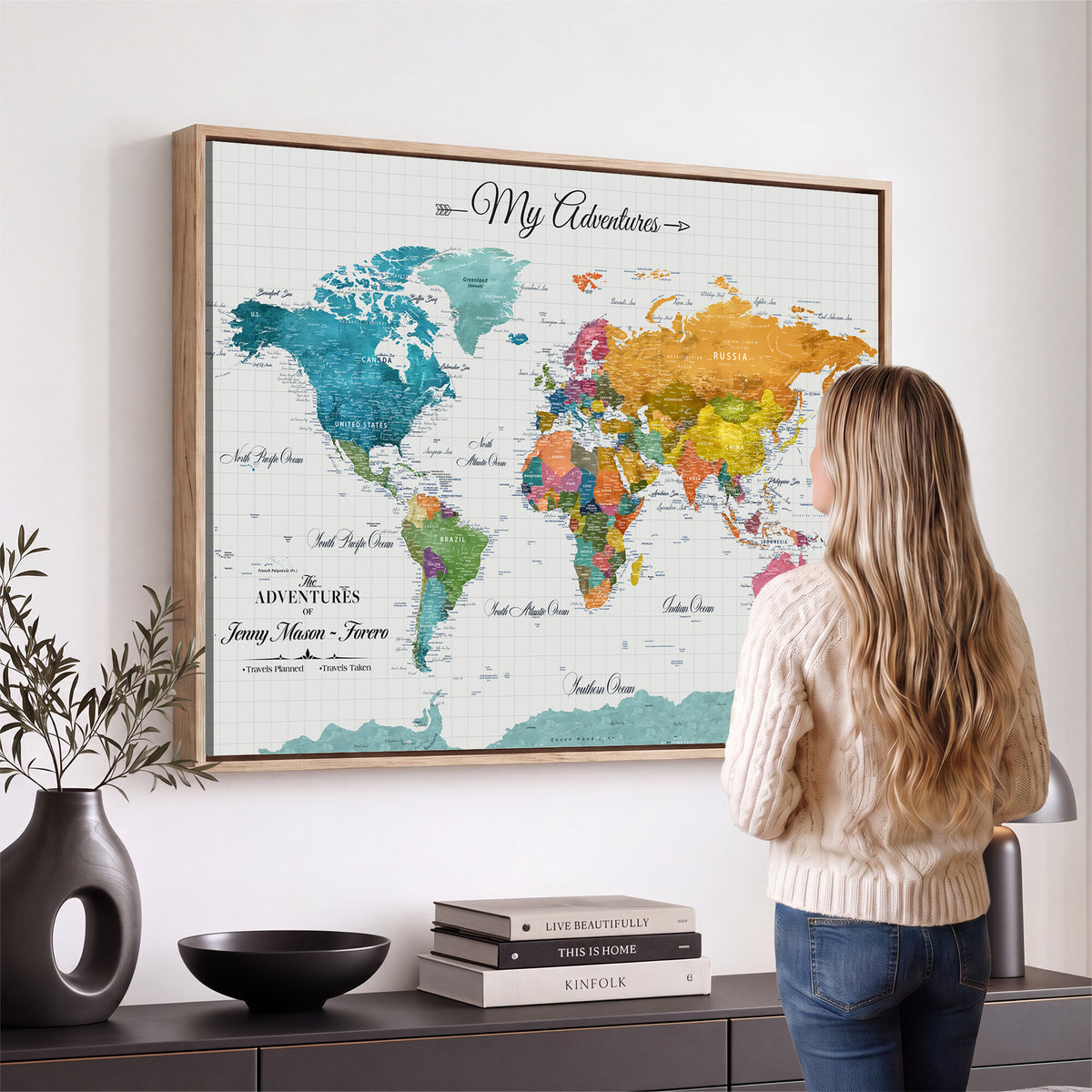 66743043-MGV-CV-36X24 - Extra Large Framed Personalize Push Pin World Map Wall Art Canvas Print for Travel Tracking