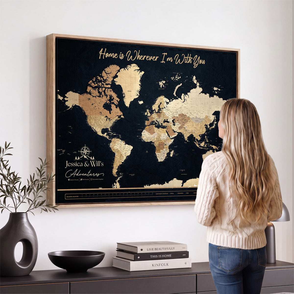 43430657-MGV-CV-36X24 - Extra Large Framed Personalize Push Pin World Map Wall Art Canvas Print for Travel Tracking