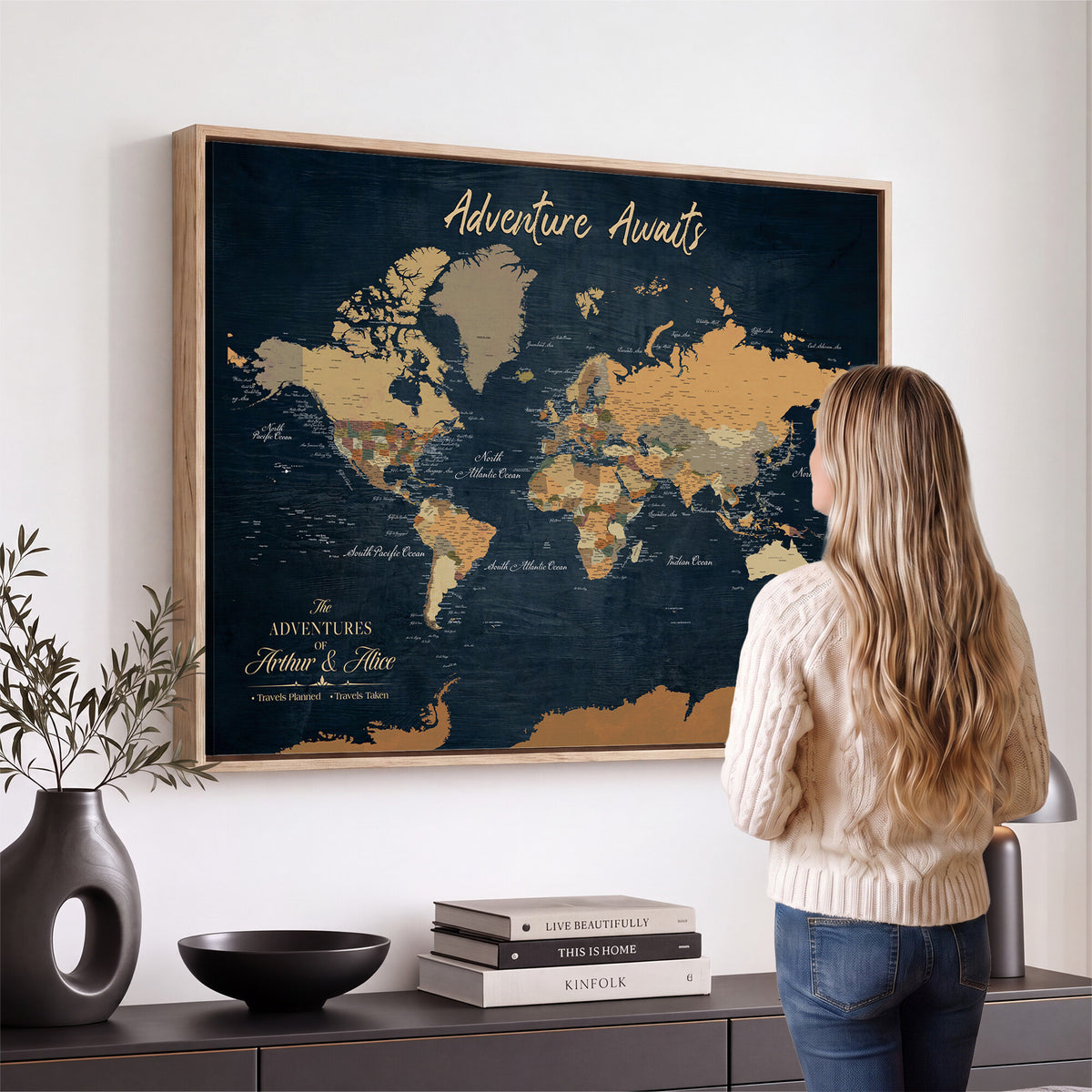 13350960-MGV-CV-36X24 - Extra Large Framed Personalize Push Pin World Map Wall Art Canvas Print for Travel Tracking