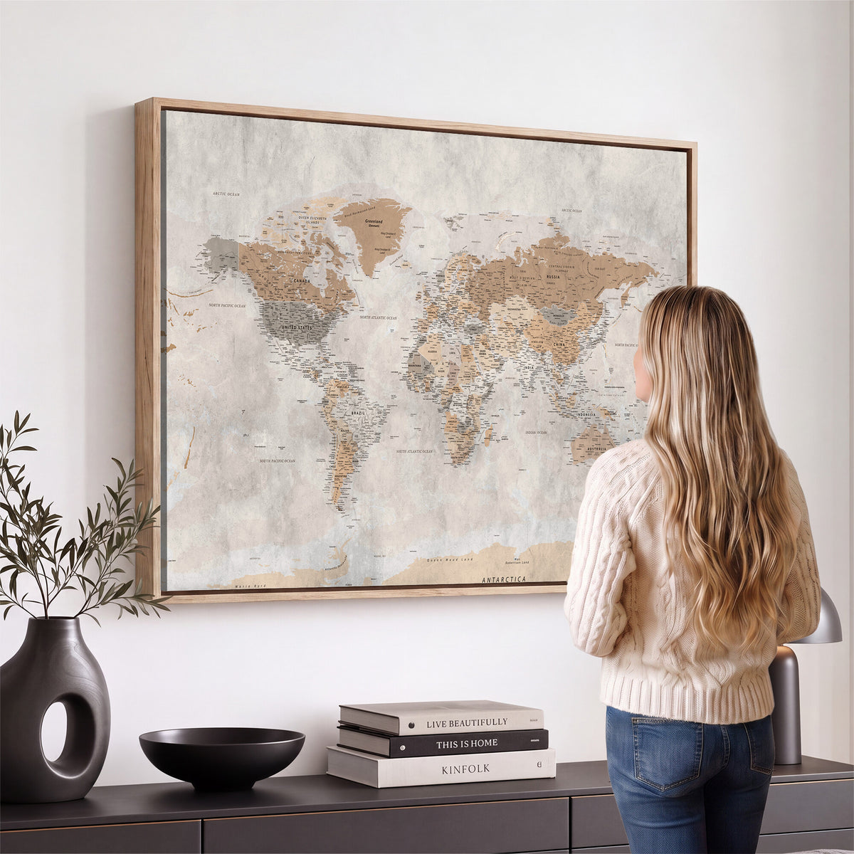 18074626DD-MGV-CV-36X24 - Extra Large Framed Personalize Push Pin World Map Wall Art Canvas Print for Travel Tracking NEWMAP - 009
