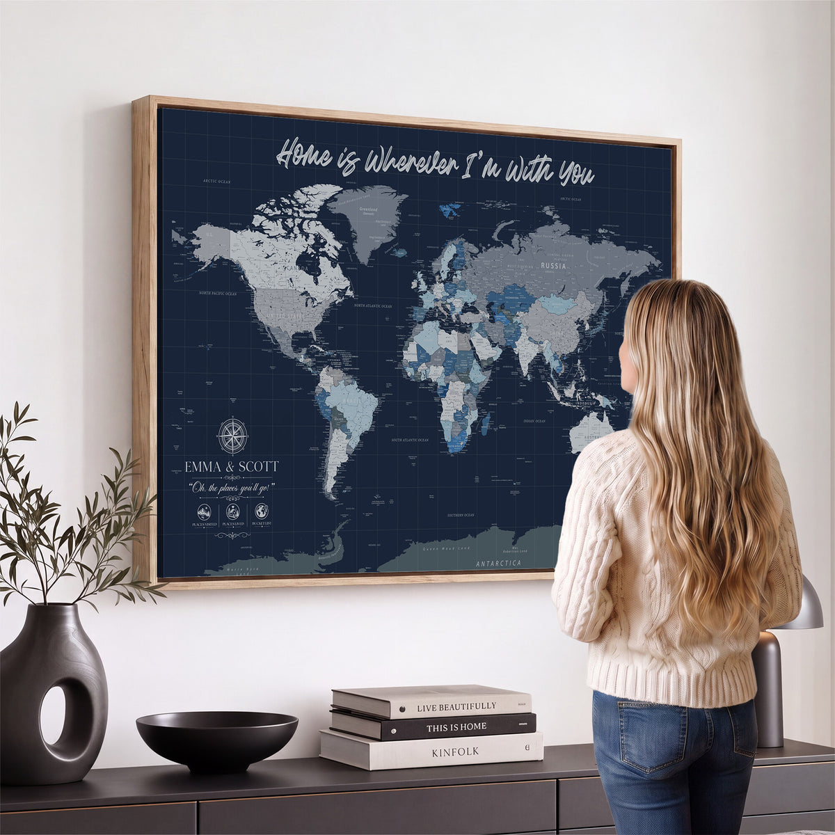 17712680D-MGV-CV-36X24 - World Map Wall Art Canvas Print, Modern Decorative Framed Map Artwork Prints for Living Room, Office, Bedroom Wall Decor