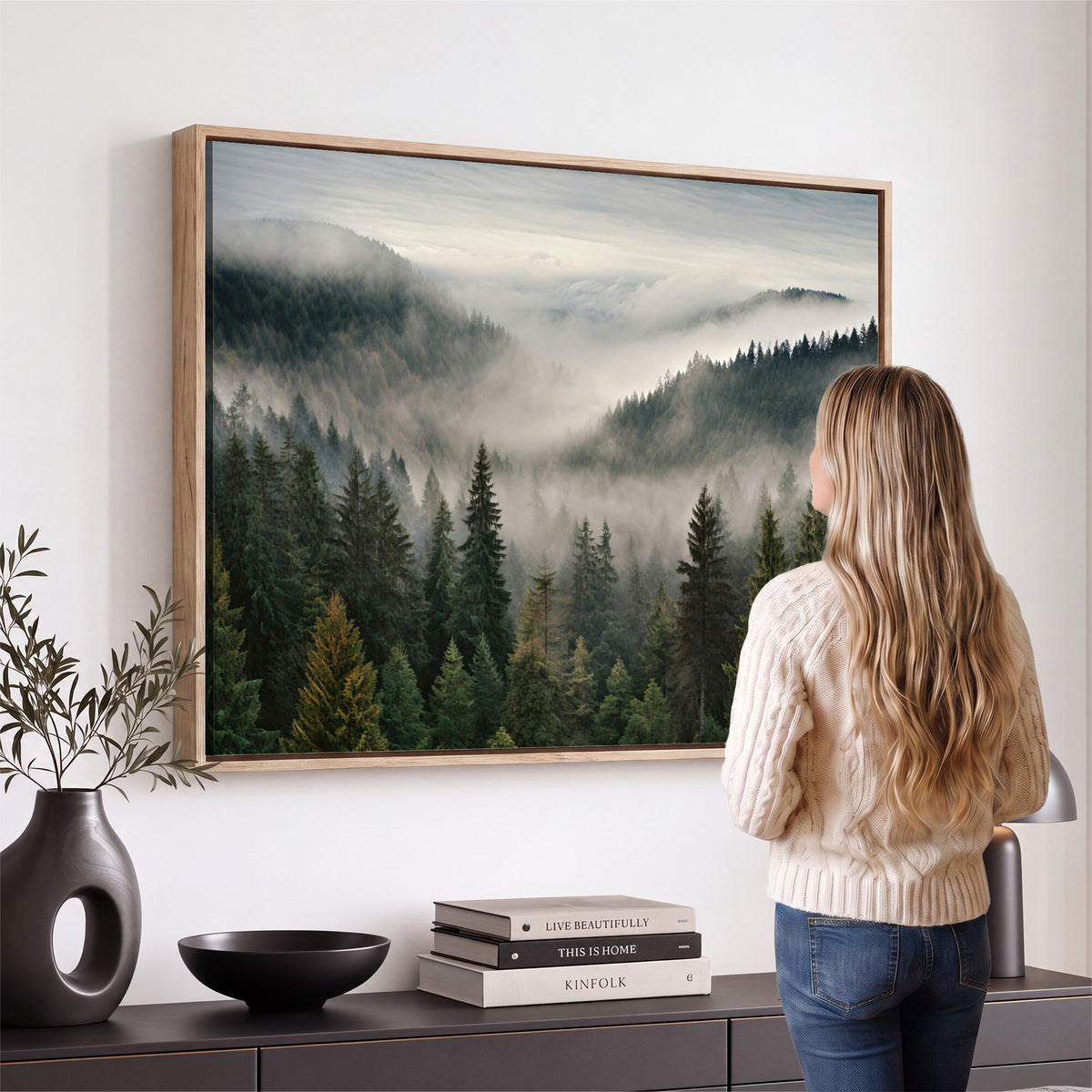 38409495-_Poster-30x20 - Misty Pine Valley Mountain Canvas Print 3 Piece Framed Wall Art Extra Large Floating Frame Nature Poster Made in USA
