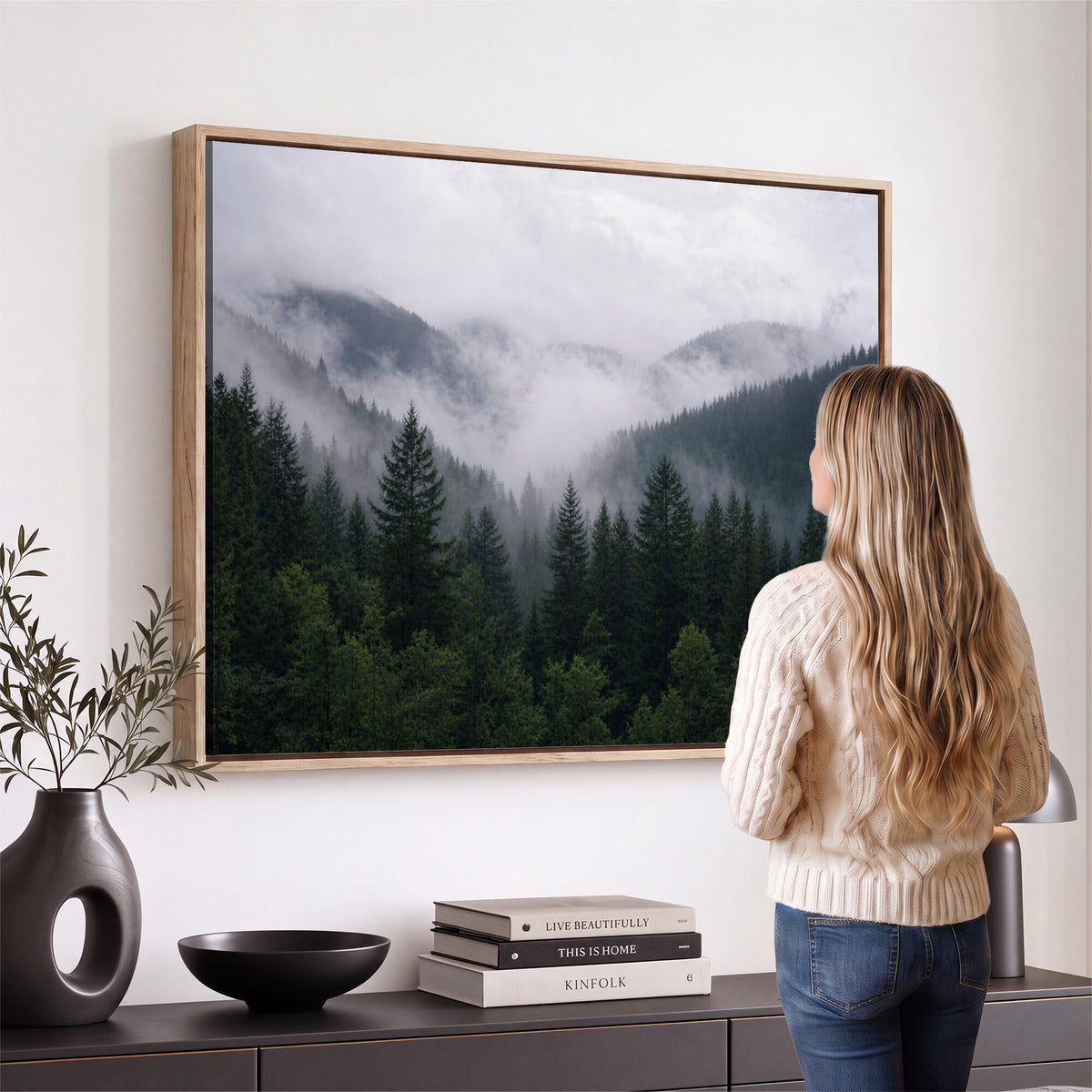 25432119-_Poster-30x20 - Misty Mountain Pine Forest Canvas Print 3 Piece Framed Wall Art Extra Large Floating Frame Nature Poster Made in USA