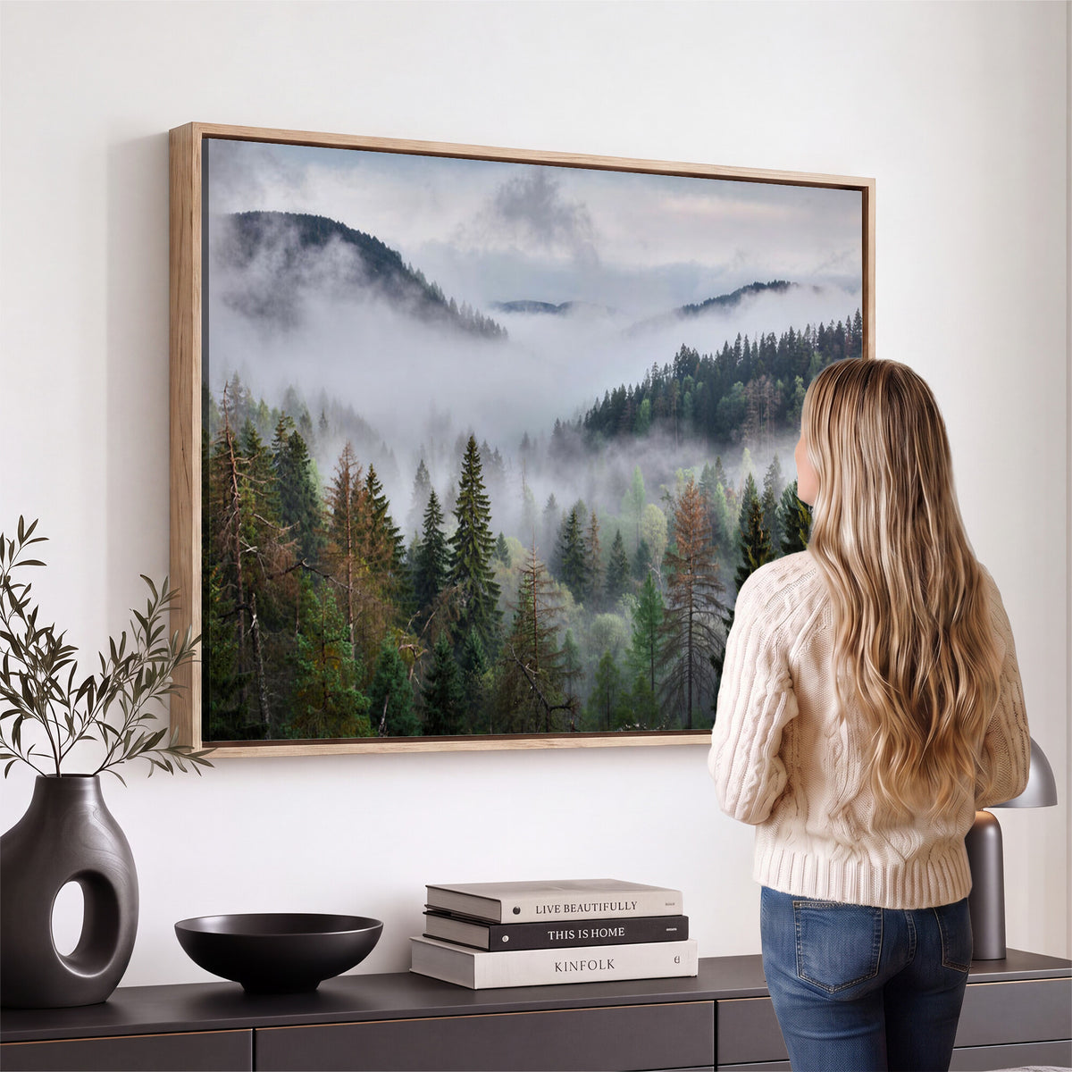 18735847-_Poster-30x20 - Foggy Pine Forest Mountain Canvas Print 3 Piece Framed Wall Art Extra Large Floating Frame Nature Poster Made in USA