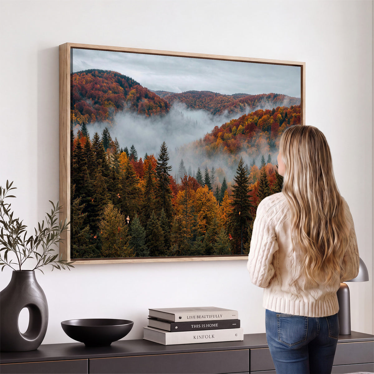 26686263-_Poster-30x20 - Misty Autumn Forest Mountain Canvas Print 3 Panel Wall Art Gallery Wrapped Floating Frame Poster Made in USA