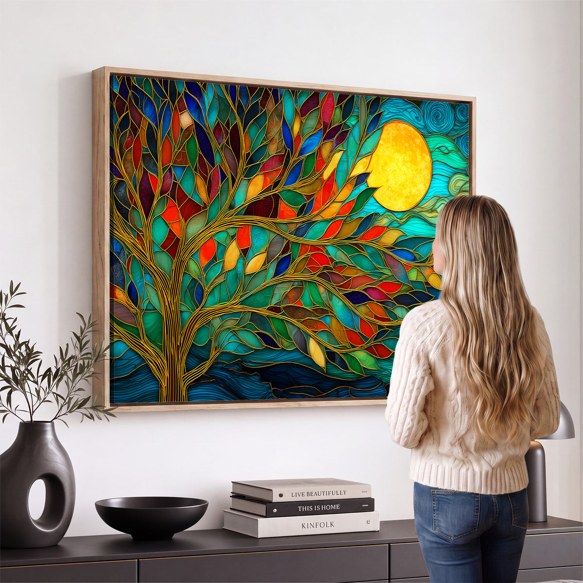 11877152-MGV-CV-36X24 - Stained Glass Tree Of Life Wall Art - Vibrant Mosaic Nature Home Decor