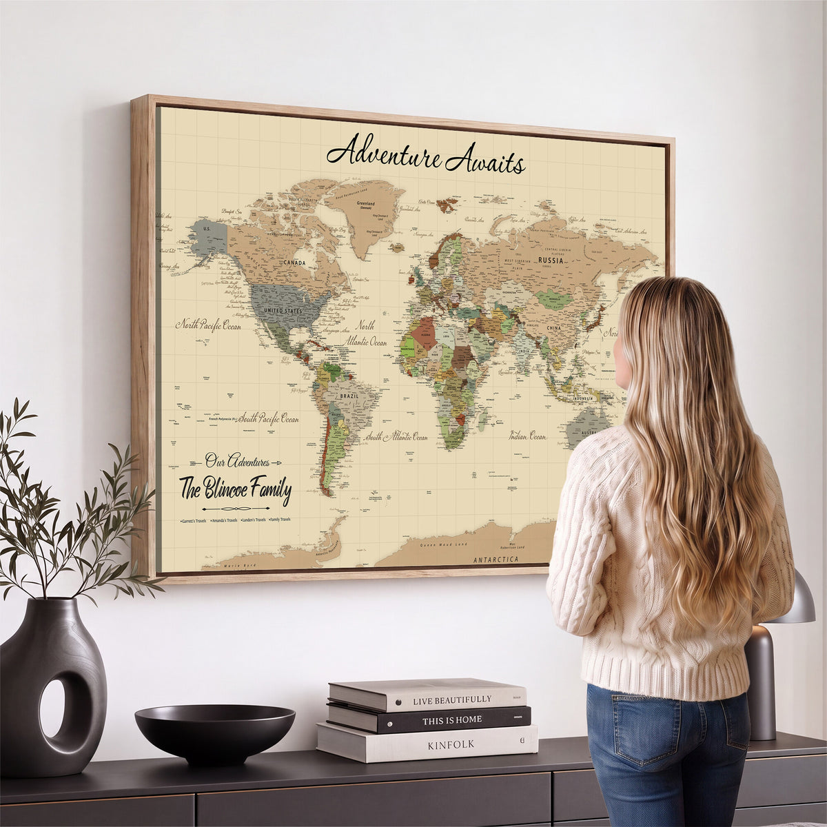 25730261D-MGV-CV-36X24 - Custom Push Pin World Map Wall Art Canvas Print | Personalized Travel Tracker with Pins Framed Large for Home and Office Decor