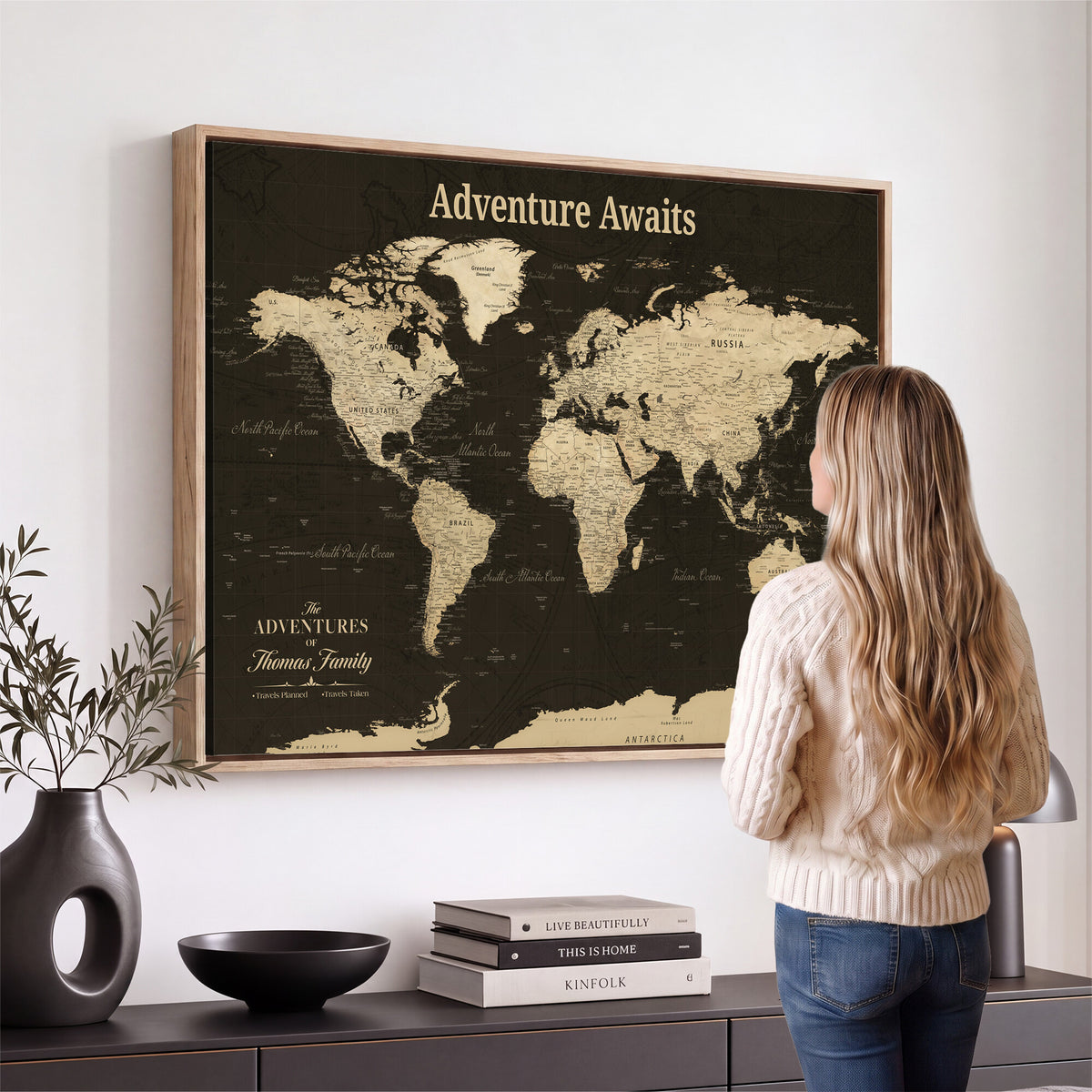 47597338D-MGV-CV-36X24 - Custom Push Pin World Map Wall Art Canvas Print | Personalized Travel Tracker with Pins Framed Large for Home and Office Decor