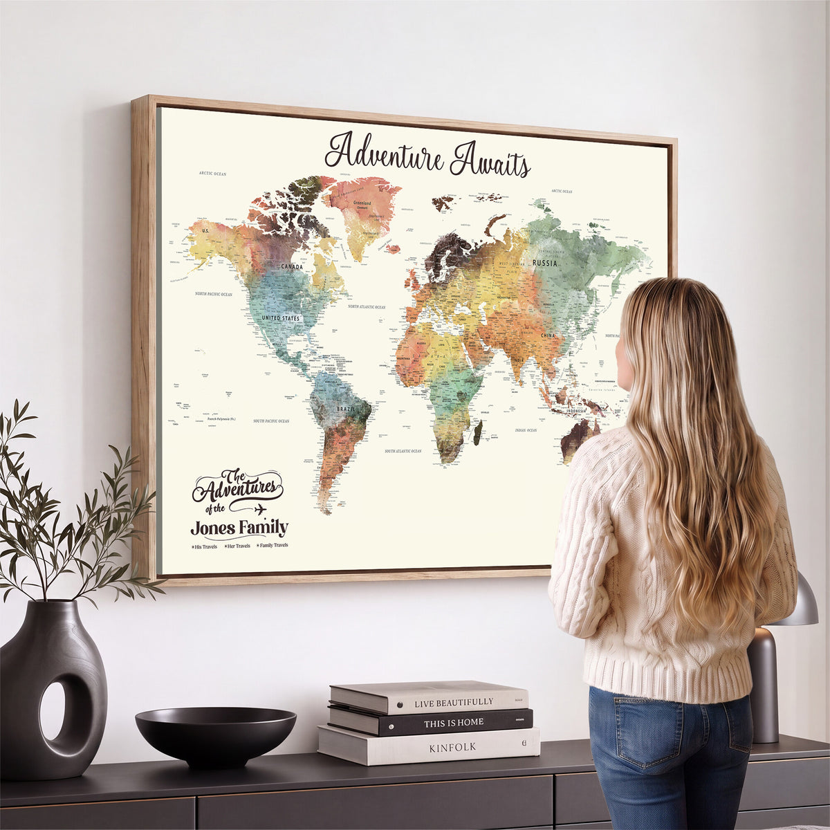NEWMAP-7D-MGV-CV-36X24 - Custom Push Pin World Map Wall Art Canvas Print | Personalized Travel Tracker - NEWMAP-7