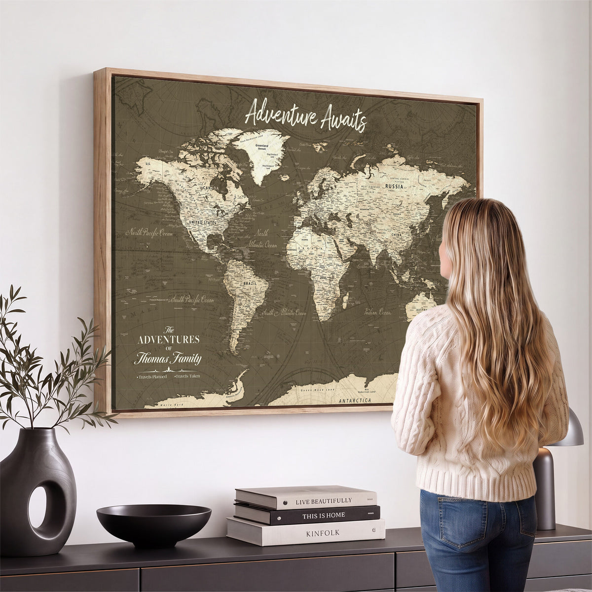 27762875D-MGV-CV-36X24 - Custom Push Pin World Map Wall Art Canvas Print | Personalized Travel Tracker with Pins Framed Large for Home and Office Decor