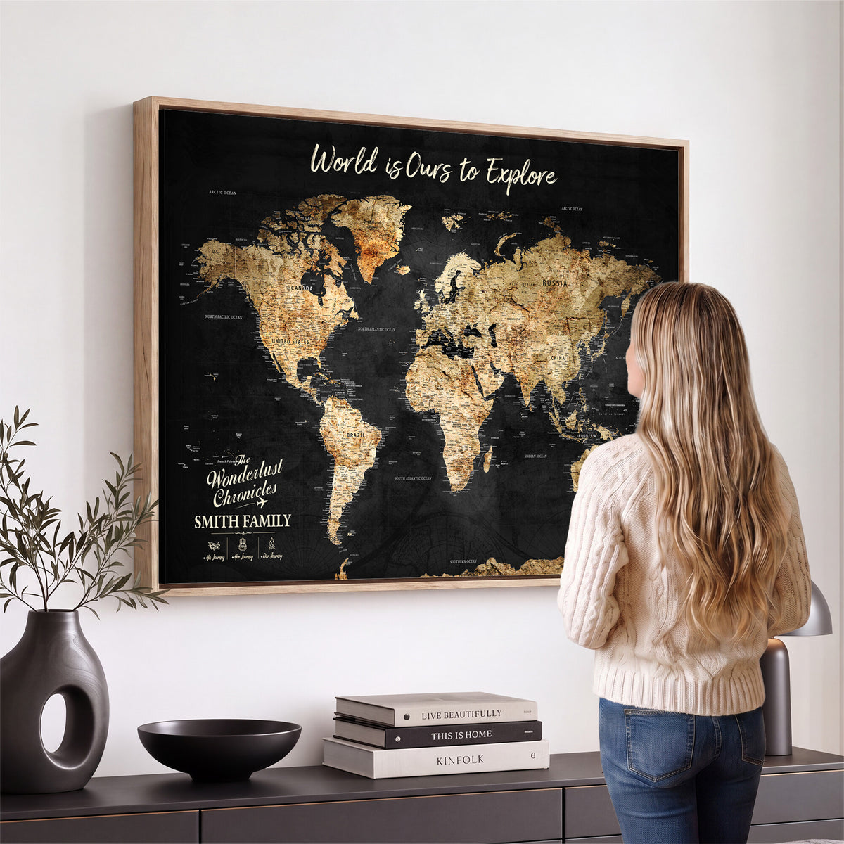 73732636D-MGV-CV-36X24 - Custom Push Pin World Map Wall Art Canvas Print | Personalized Travel Tracker with Pins Framed Large for Home and Office Decor