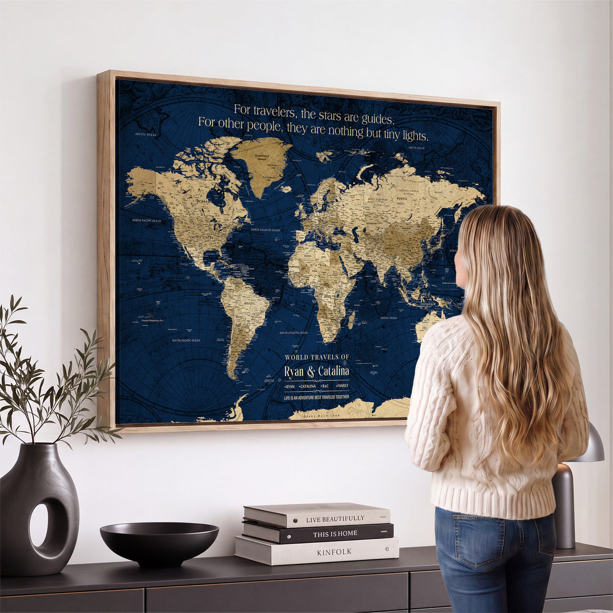 71667510D-MGV-CV-36X24 - Custom Push Pin World Map Wall Art Canvas Print | Personalized Travel Tracker with Pins Framed Large for Home and Office Decor