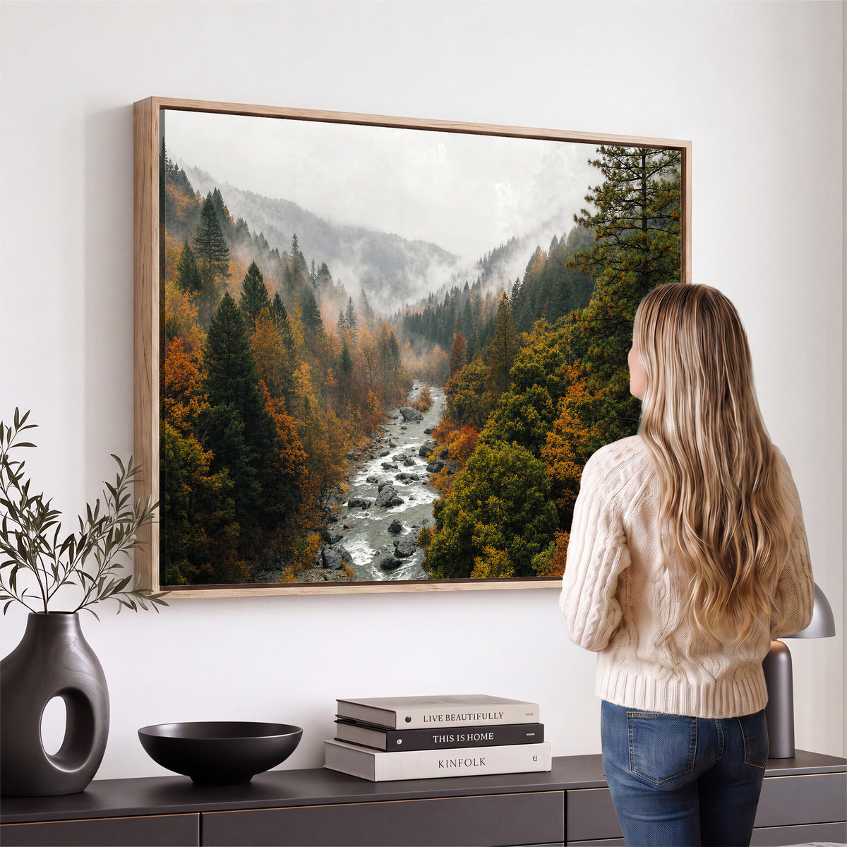 95540697-MGV-TP-30X20 - Misty River Mountain Valley Canvas Wall Art - Autumn Forest Landscape Nature Print