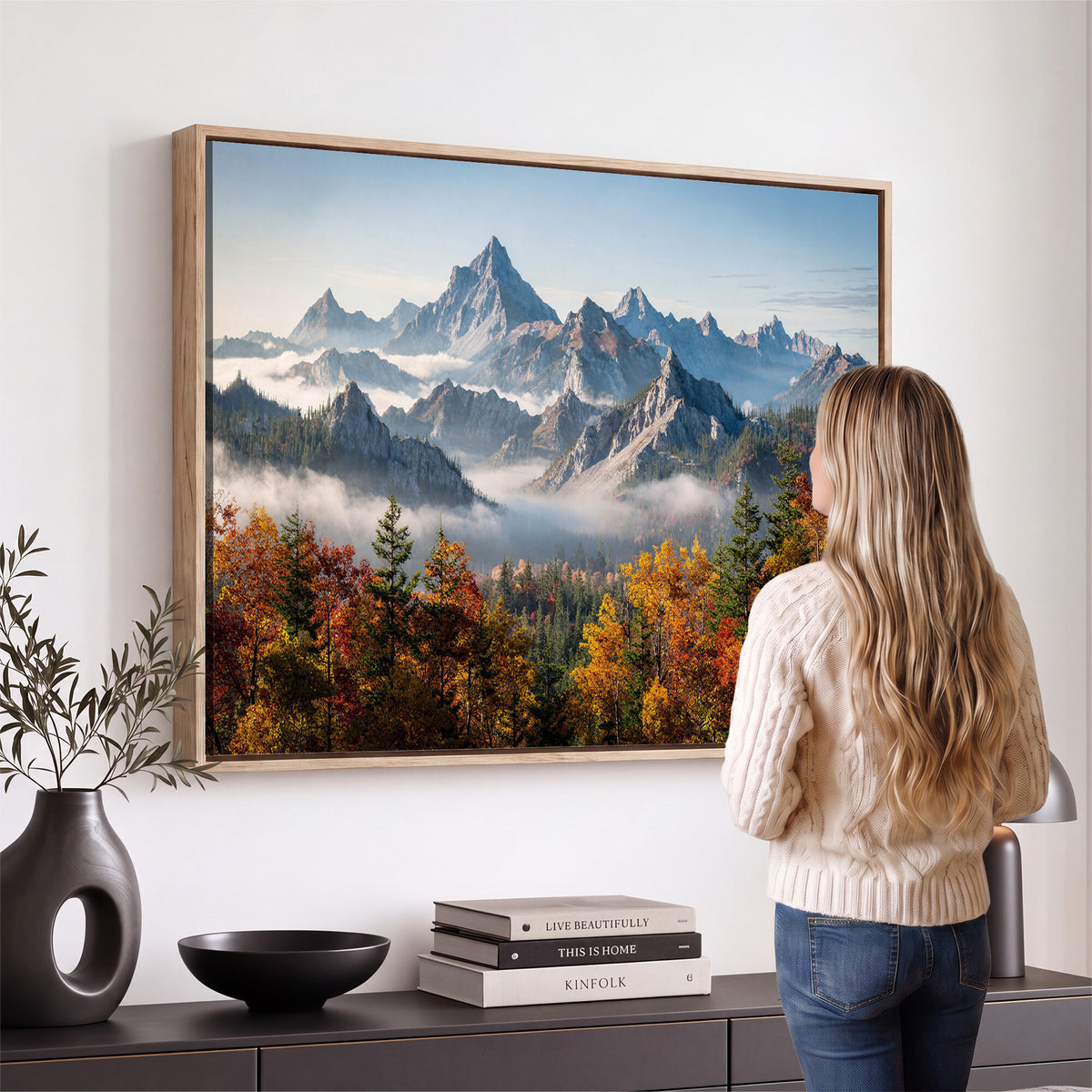 38847944-MGV-TP-30X20 - Majestic Mountain Peak Canvas Wall Art - Panoramic Autumn Forest Fog Landscape Print