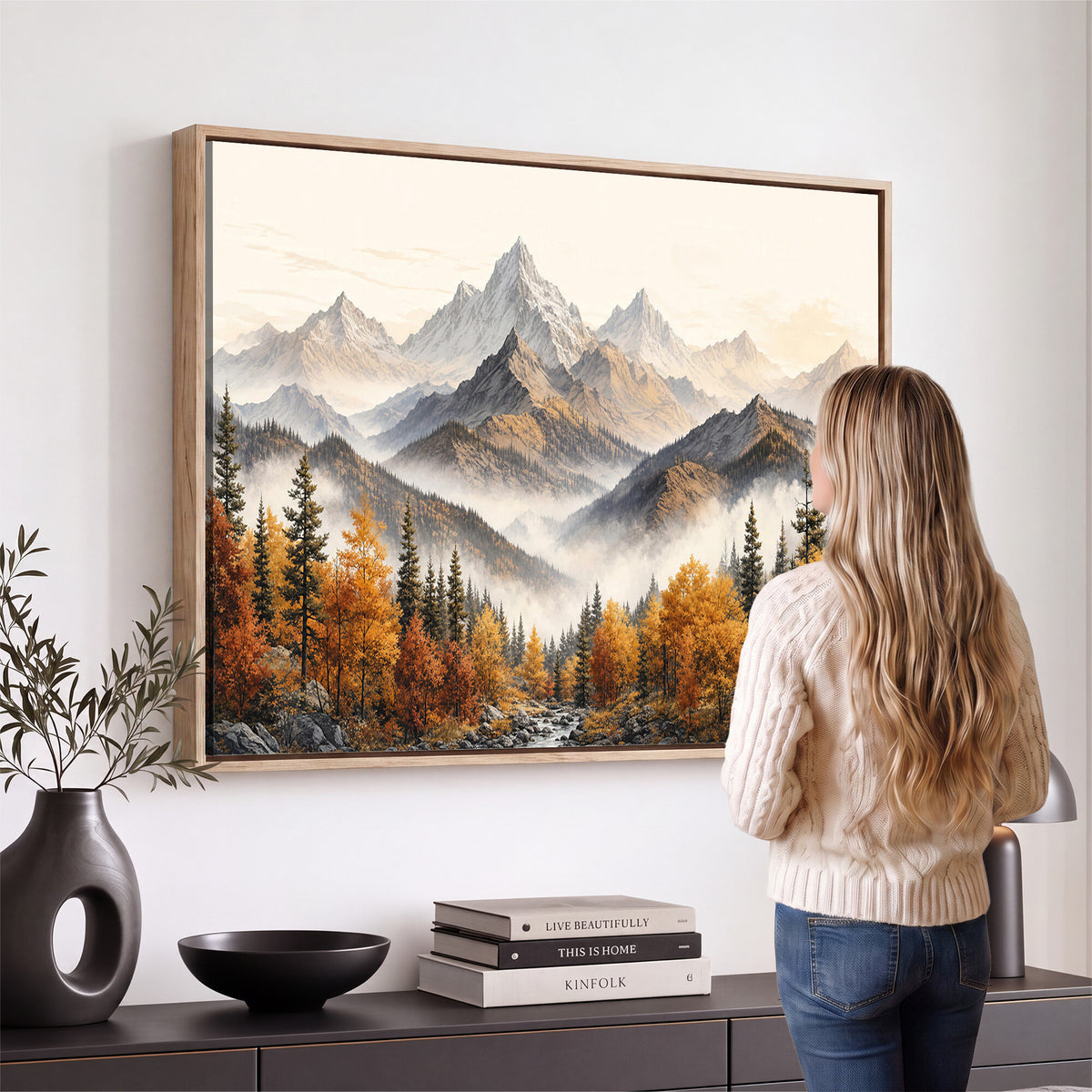 21309099-MGV-TP-30X20 - Extra Large Misty Mountain Autumn Forest Canvas Wall Art - Watercolor Fall Nature Landscape Print