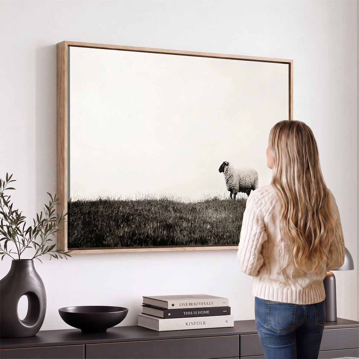 72749448-MGV-TP-30X20 - Minimalist Sepia Sheep Canvas Wall Art - Rustic Farmhouse Country Landscape Print