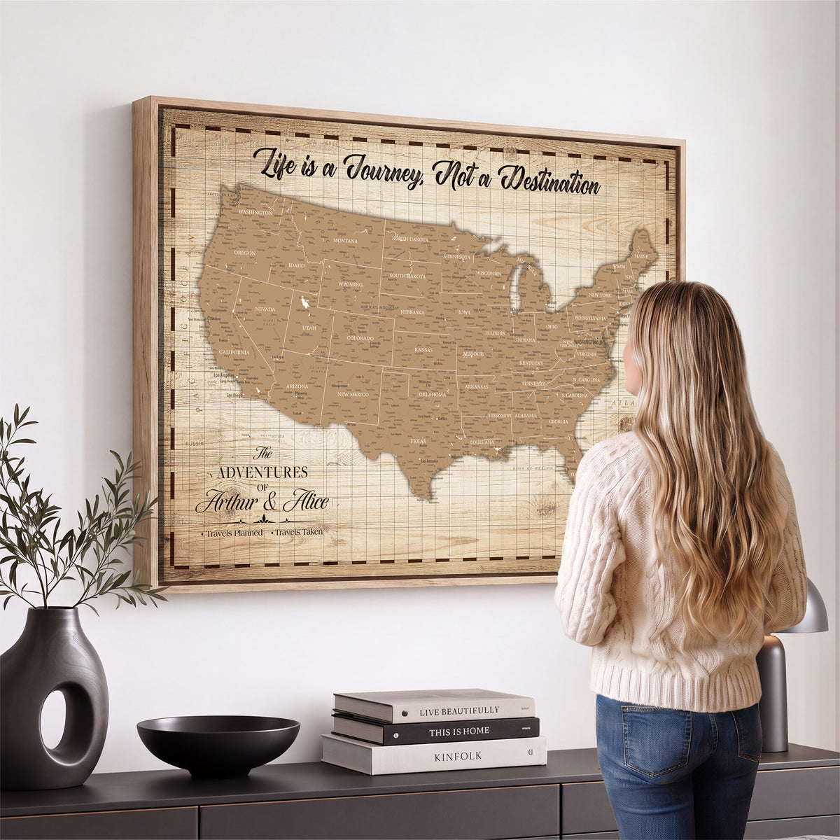 82934328-MGV-CV-36X24 - Custom USA Push Pin Travel Map Canvas Wall Art - Personalized Couples Gift Flat Digital Print