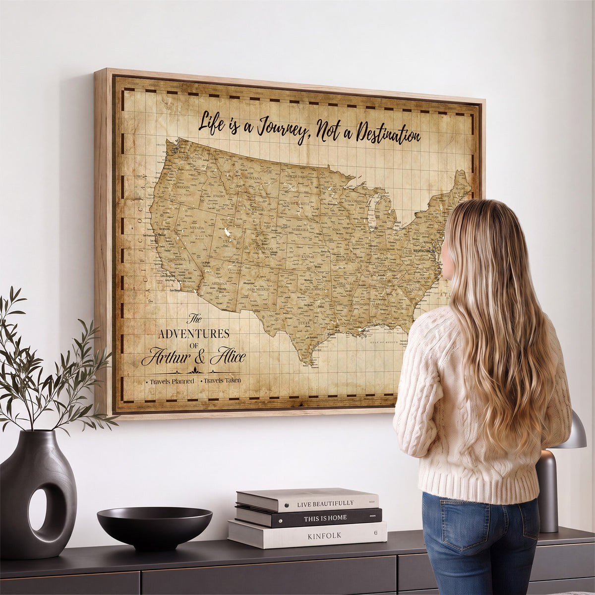 90686209-MGV-CV-36X24 - Custom USA Push Pin Travel Map Canvas Wall Art - Personalized Couples Gift Flat Digital Print