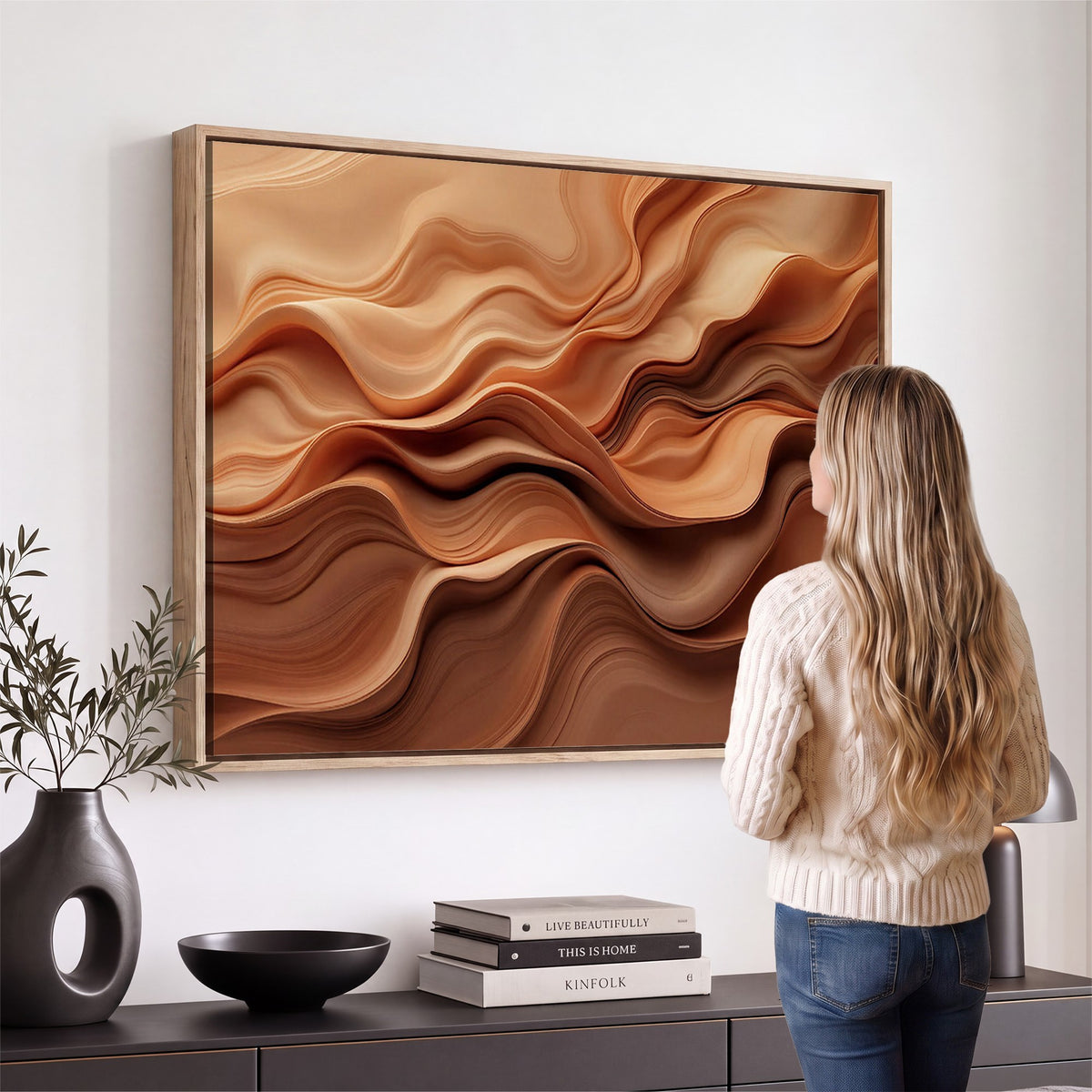 82230697-_Poster-30x20 - Modern Abstract Fluid Waves Canvas Wall Art - Minimalist Warm Terracotta Beige Sand Print
