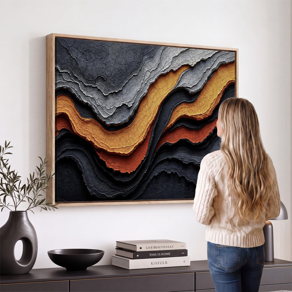 59852489-MGV-CV-36X24 - Abstract Waves Canvas Wall Art - Modern Terracotta and Charcoal Gray Print