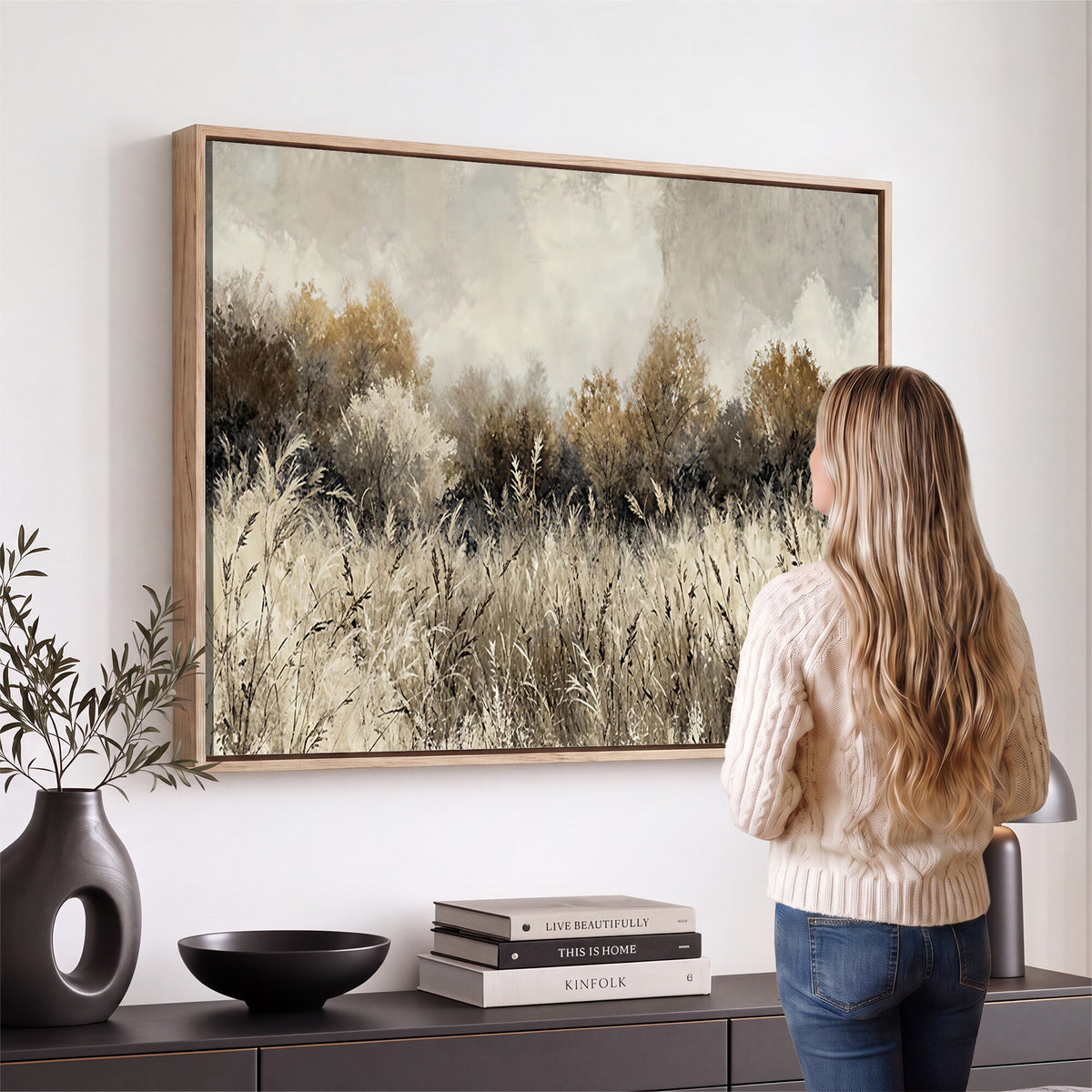 53959945-MGV-TP-30X20 - Muted Neutral Forest Landscape Canvas Wall Art - Vintage Rustic Wildflower Meadow Print