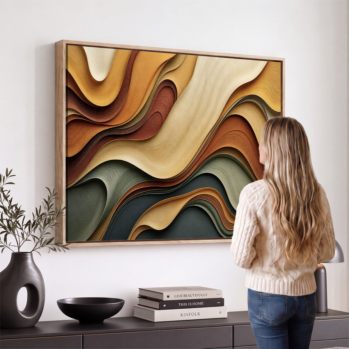 19337902-MGV-CV-36X24 - Modern Abstract Waves Canvas Wall Art - Minimalist Earthy Tone Living Room Decor