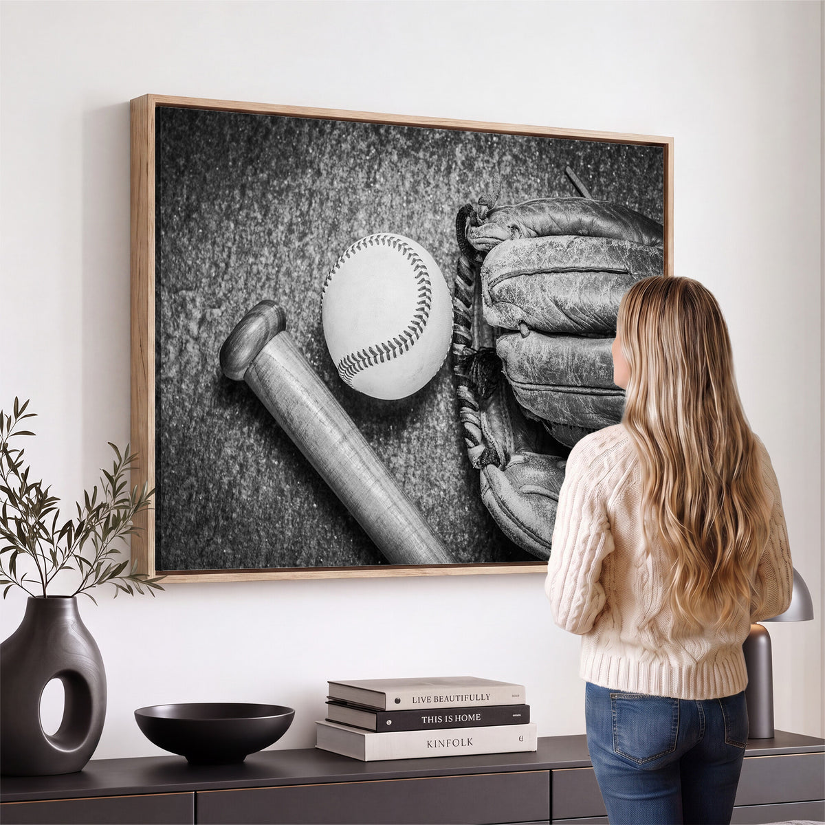 83916D-MGV-CV-36X24 - Vintage Baseball Glove and Bat Sports Wall Art Canvas Print