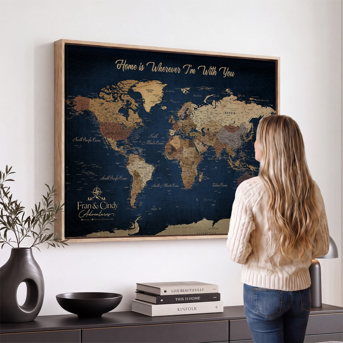 57774467-MGV-CV-36X24 - Custom Framed Deep Blue Geometric Push Pin World Map Wall Art, Next Trip Planner Map, Family Room and Hallway Decor