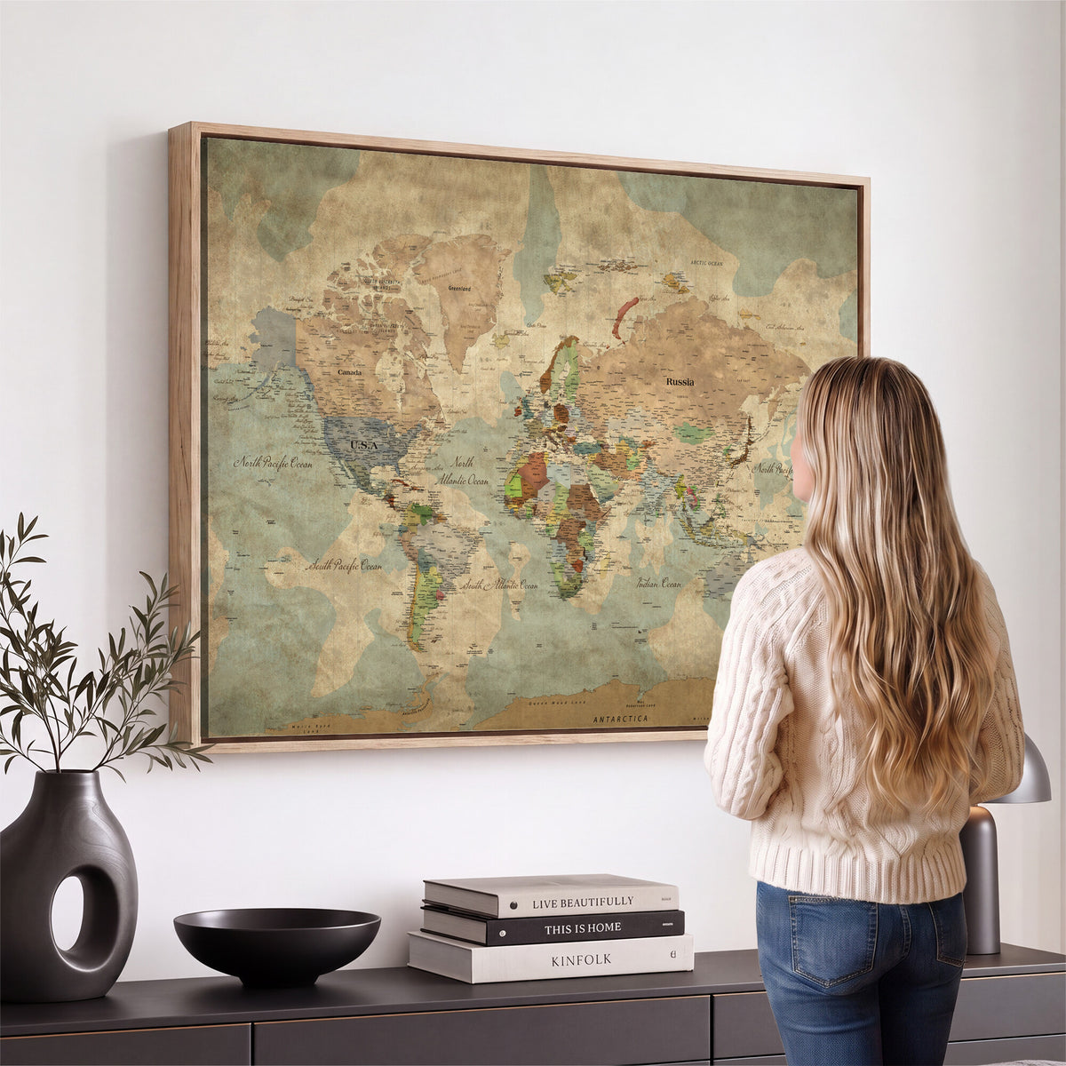 20795898D-MGV-CV-36X24 - Custom Push Pin World Map Wall Art Canvas Print – Personalized Travel Tracker with Pins Framed Large for Home and Office Decor
