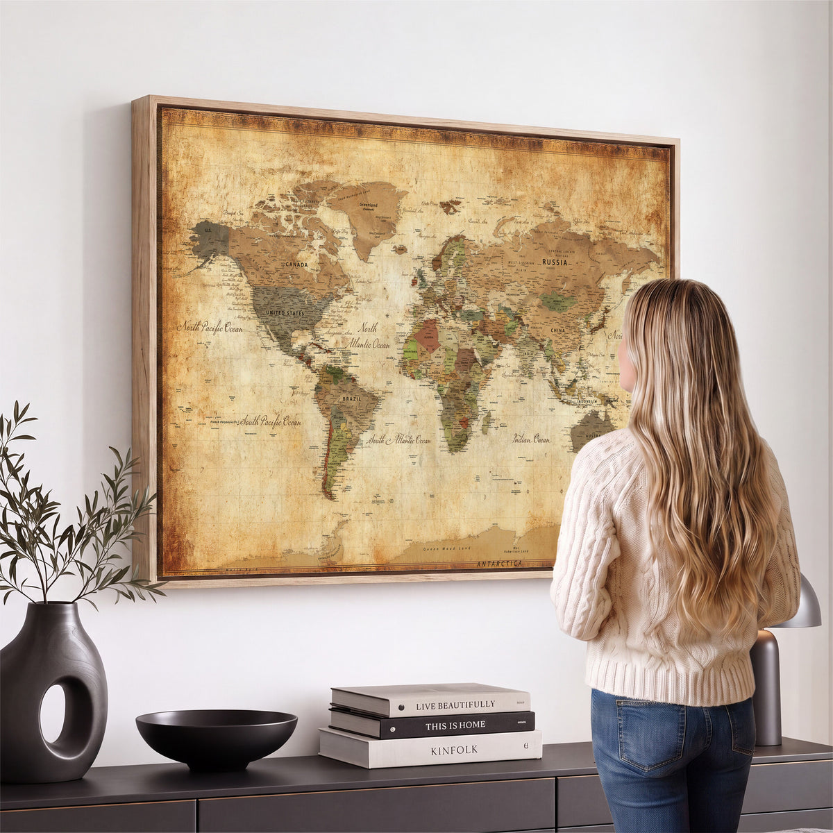 26621467D-MGV-CV-36X24 - Custom Push Pin World Map Wall Art Canvas Print – Personalized Travel Tracker with Pins Framed Large for Home and Office Decor