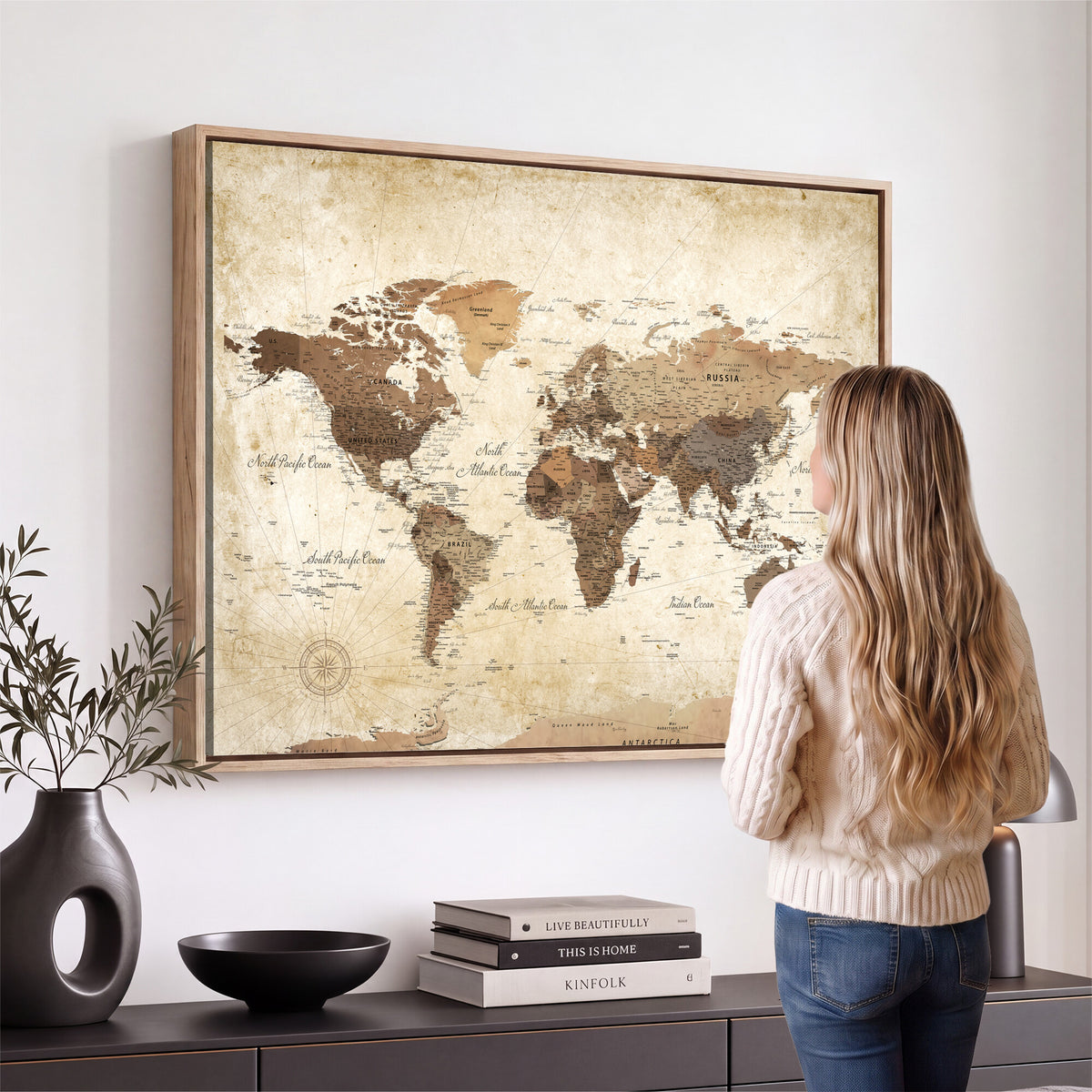 69154703D-MGV-CV-36X24 - Custom Push Pin World Map Wall Art Canvas Print – Personalized Travel Tracker with Pins Framed Large for Home and Office Decor