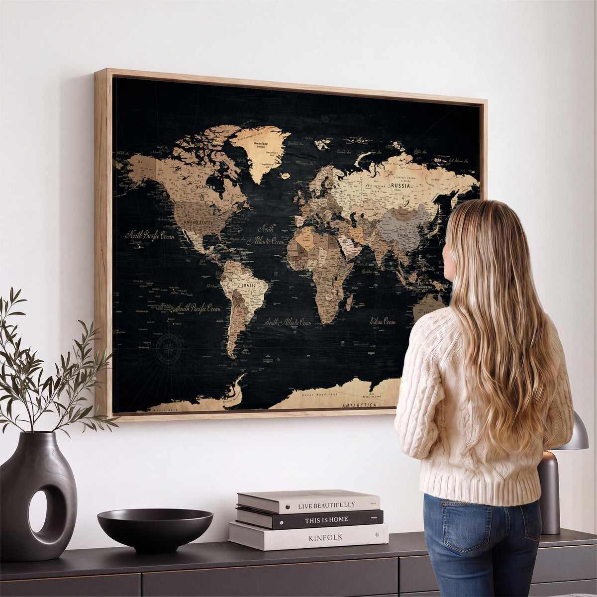 55335455D-MGV-CV-36X24 - Custom Push Pin World Map Wall Art Canvas Print – Personalized Travel Tracker with Pins Framed Large for Home and Office Decor