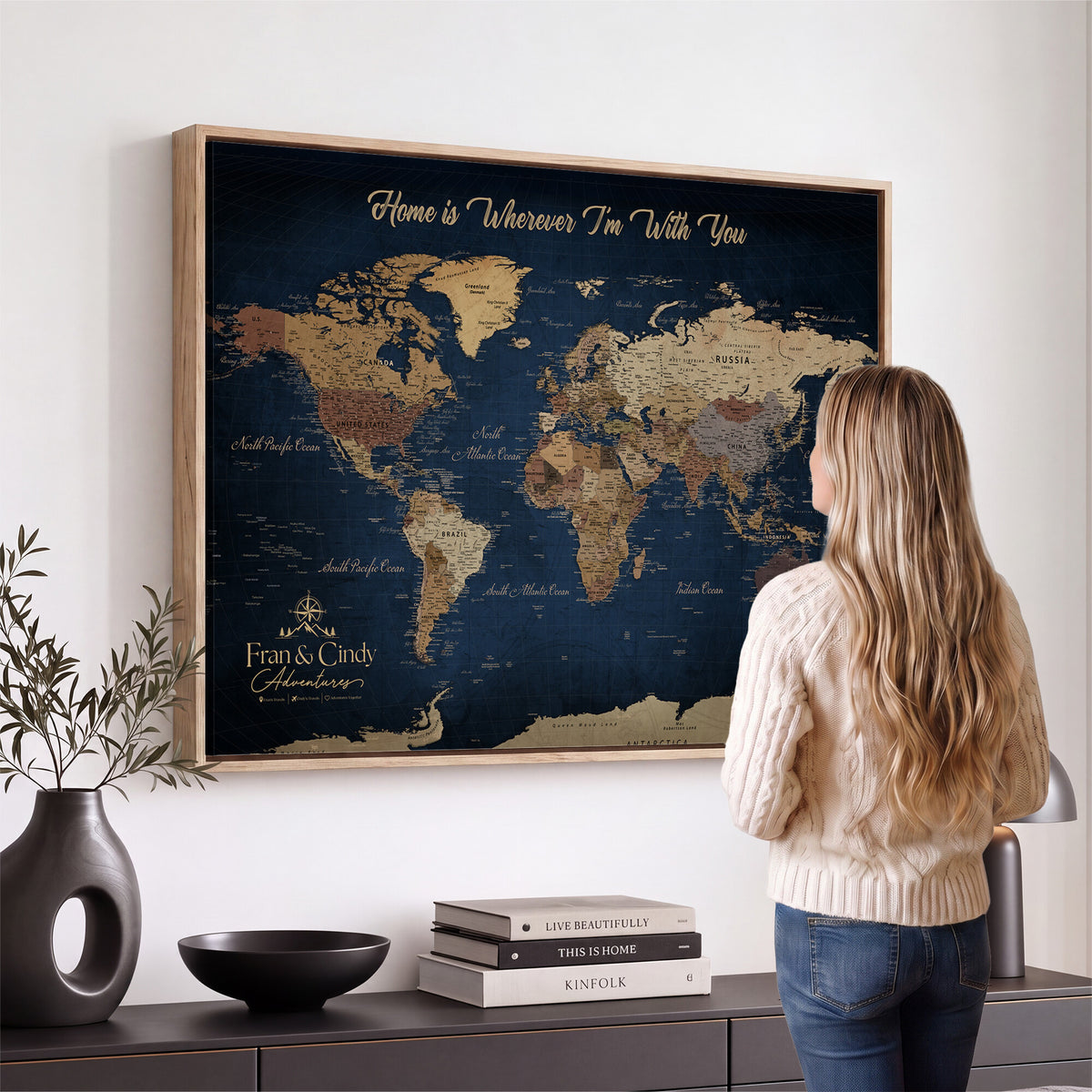 57774467D-MGV-CV-36X24 - Custom Push Pin World Map Wall Art Canvas Print – Personalized Travel Tracker with Pins Framed Large for Home and Office Decor