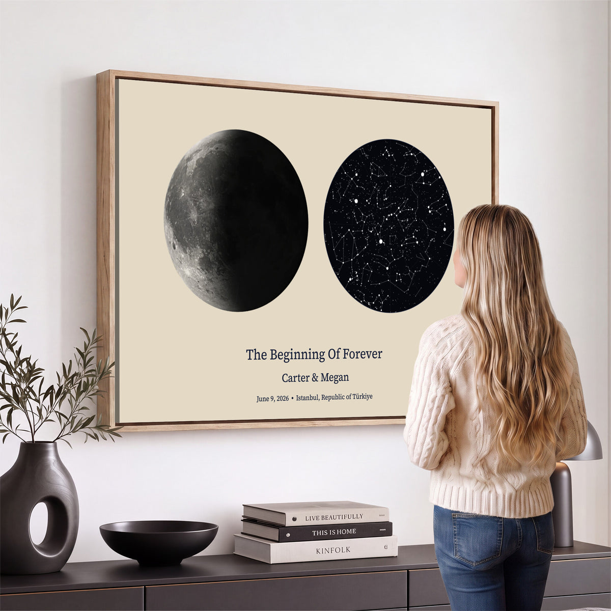 CSTM914LIRIKD-MGV-CV-36X24 - Moon and Stars Canvas Print – Personalized Moon Phase and Star Map Wall Art