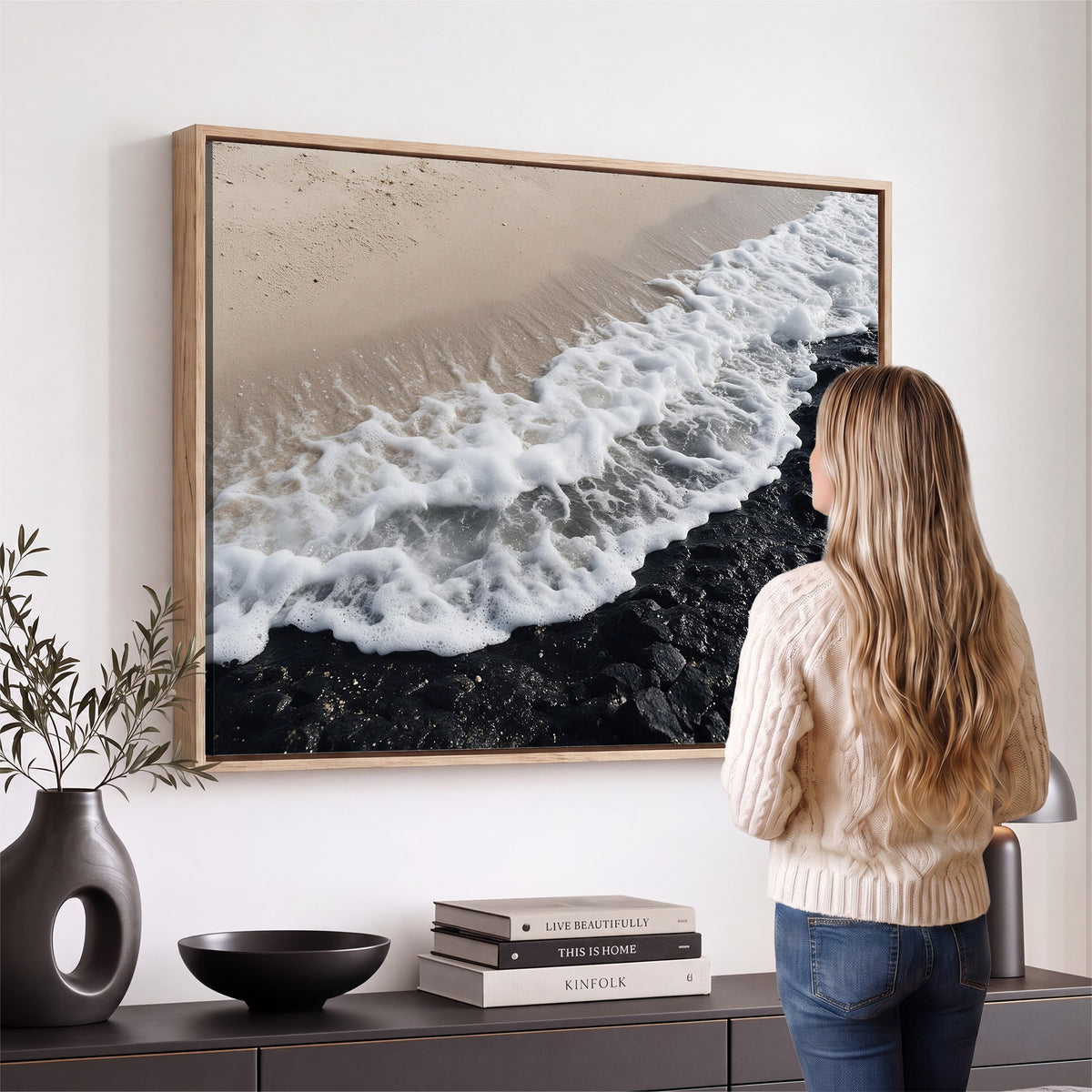 27448606-MGV-CV-24X16 - Ocean Wave Foam on Black Lava Rock Beach Canvas Wall Art Print
