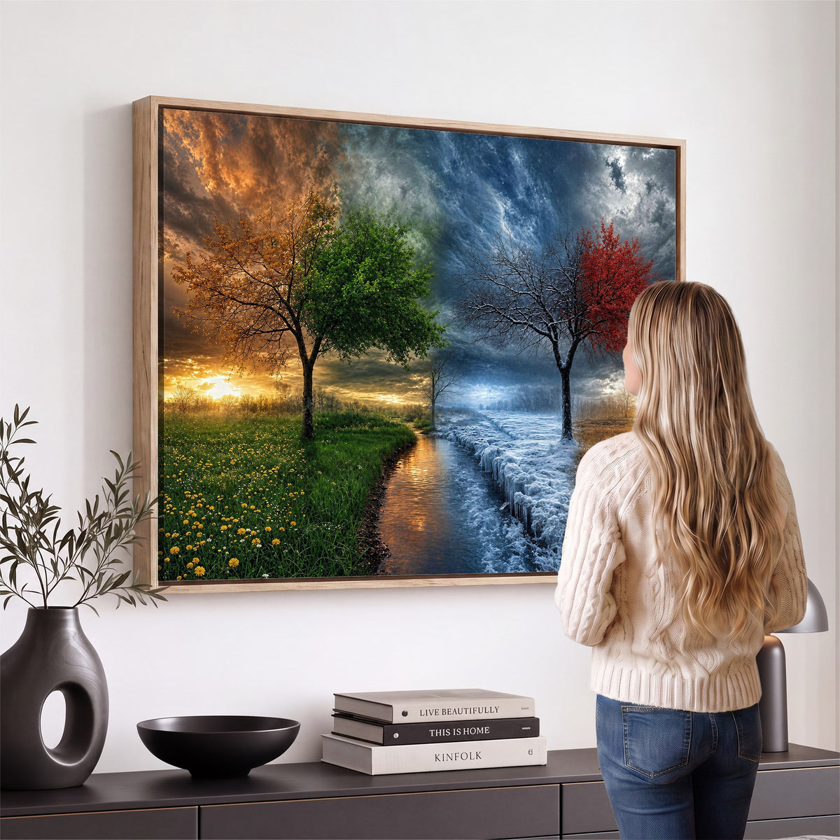 61895574-MGV-CV-24X16 - Four Seasons Tree Canvas Wall Art, Nature Landscape Canvas Print for Living Room