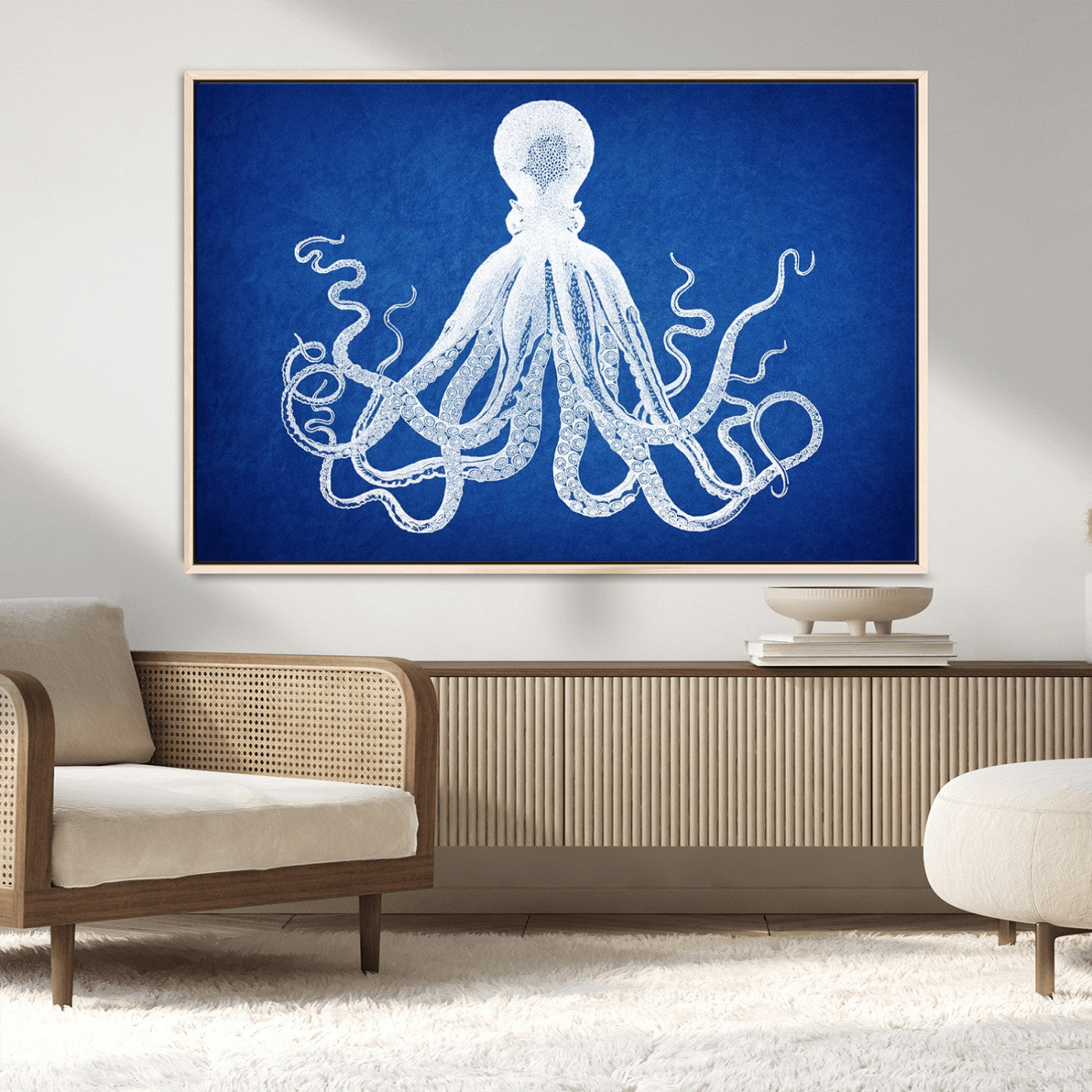 MGV-FC-36X24 - Large 3-Panel Blue Octopus Canvas Wall Art | Coastal Marine Life Artwork for Living Room, Bedroom,