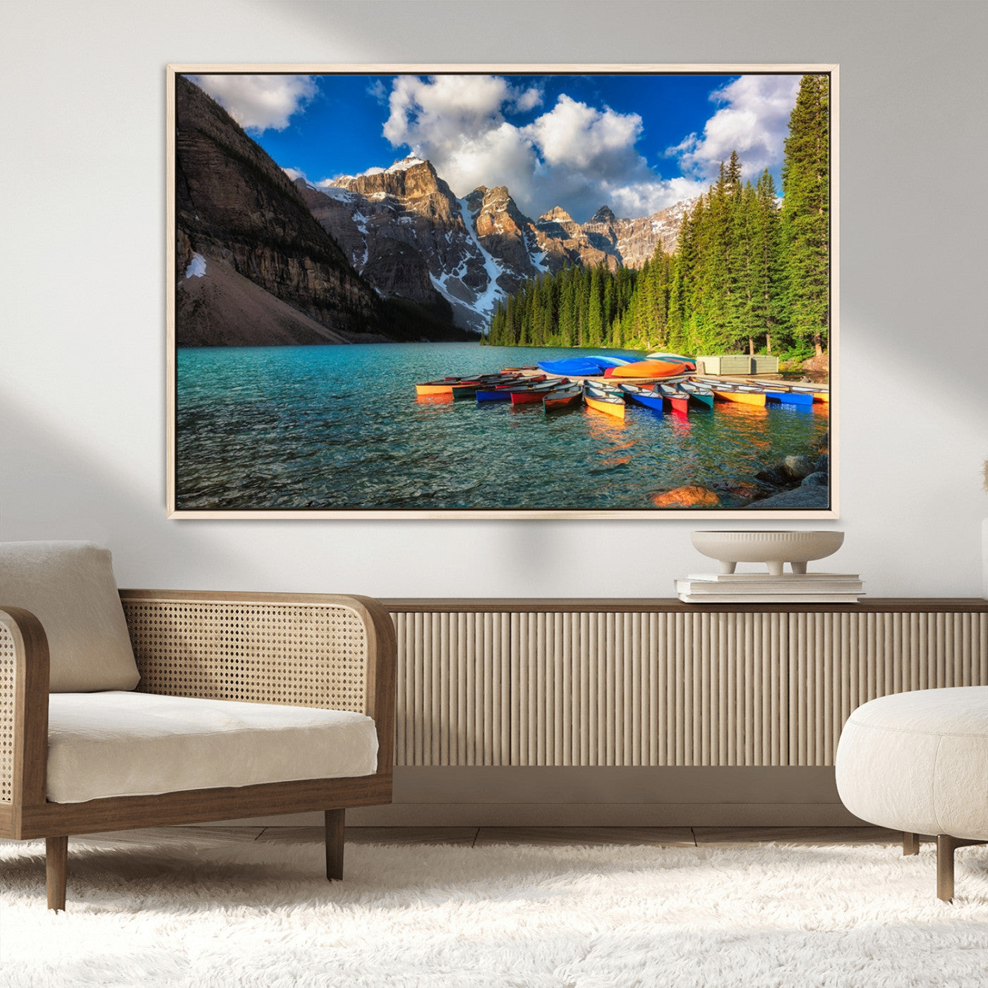 MGV-FC-36X24 - Moraine Lake 3-Panel Wall Art, Majestic Mountain and Lake Landscape Canvas Print Canoes on Moraine